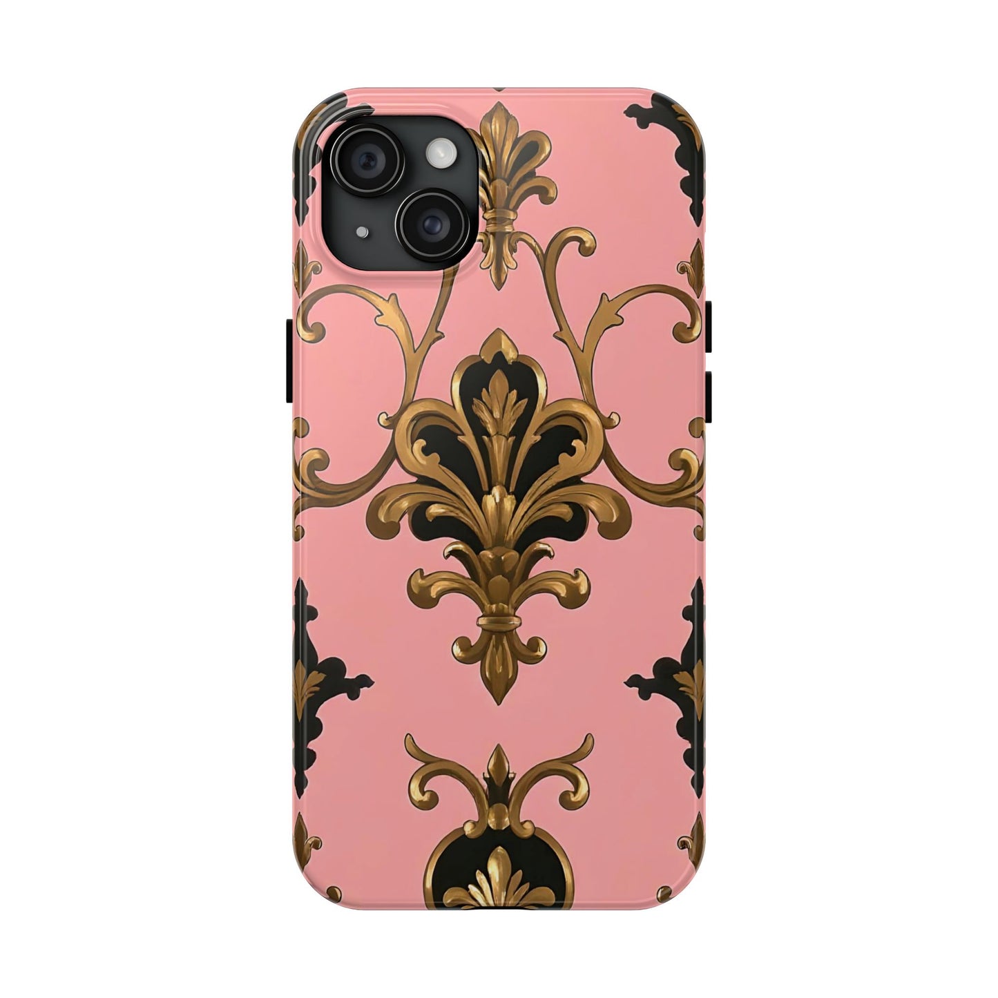 Chic Tough Phone Cases with Floral Design, Elegant Phone Cover, Durable Smartphone Case, Stylish Tech Accessory - Pink, Black & Gold Rococo