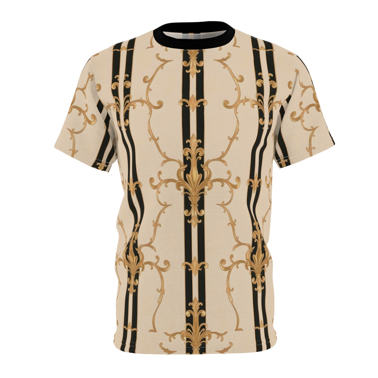 Elegant Vintage Pattern Unisex Tee, Stylish Graphic T-Shirt, Gift for Fashion Lovers, Casual Wear - Black & Beige Striped Damask