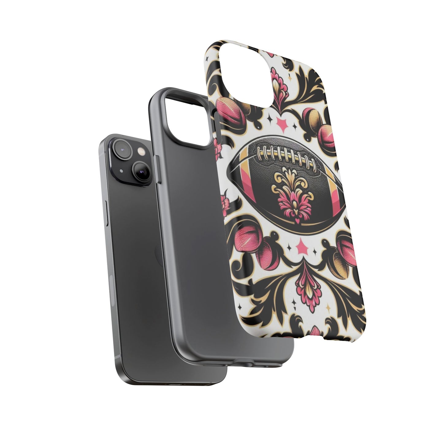 Elegant Floral Motif Phone Case - Tough Cases with Vintage Design - Damask White, Pink Gold & Black Football