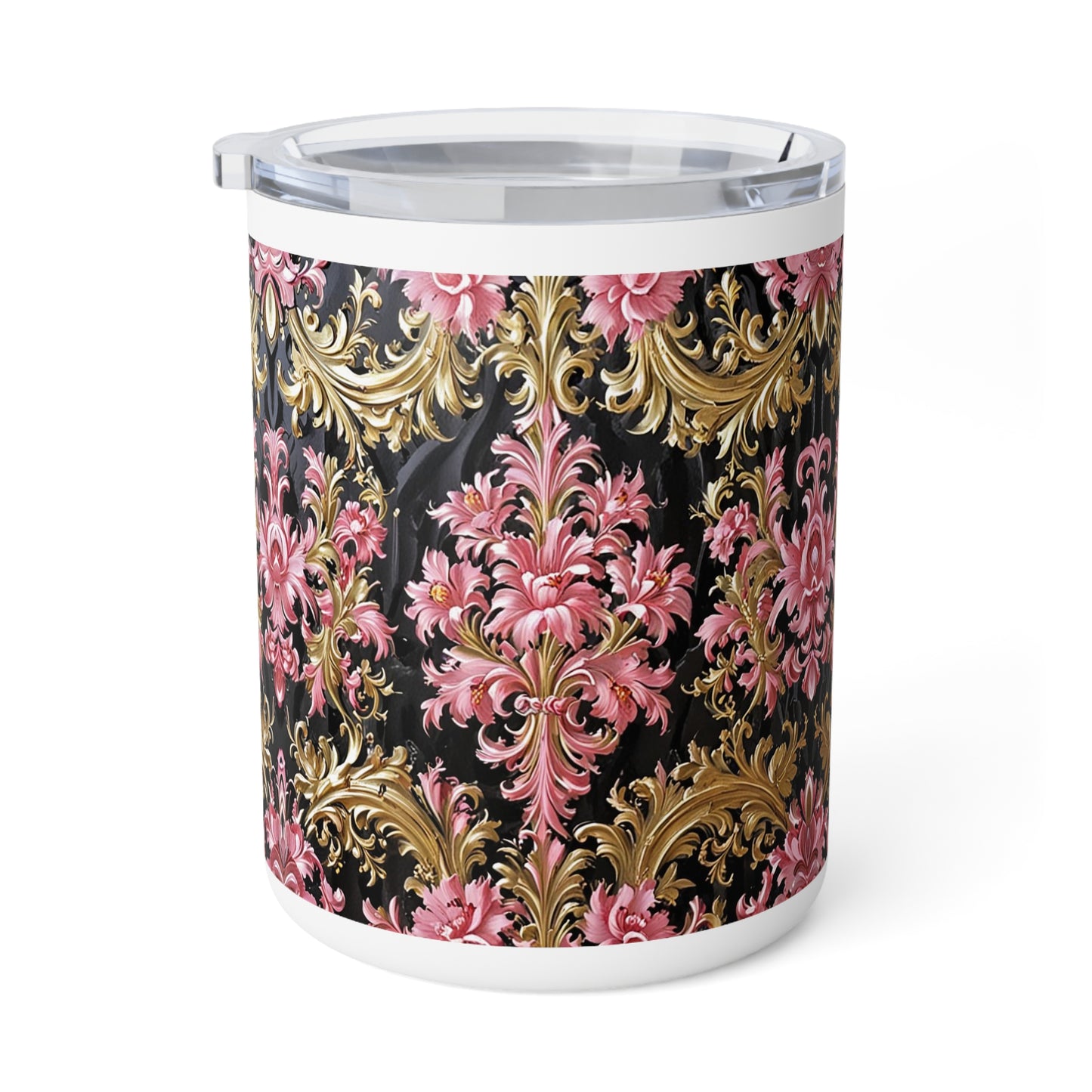 Elegant Floral Insulated Coffee Mug, Perfect Gift for Tea Lovers, Home Decor, Stylish Kitchen Accessory - Black & Pink Oil Painting Style Rococo