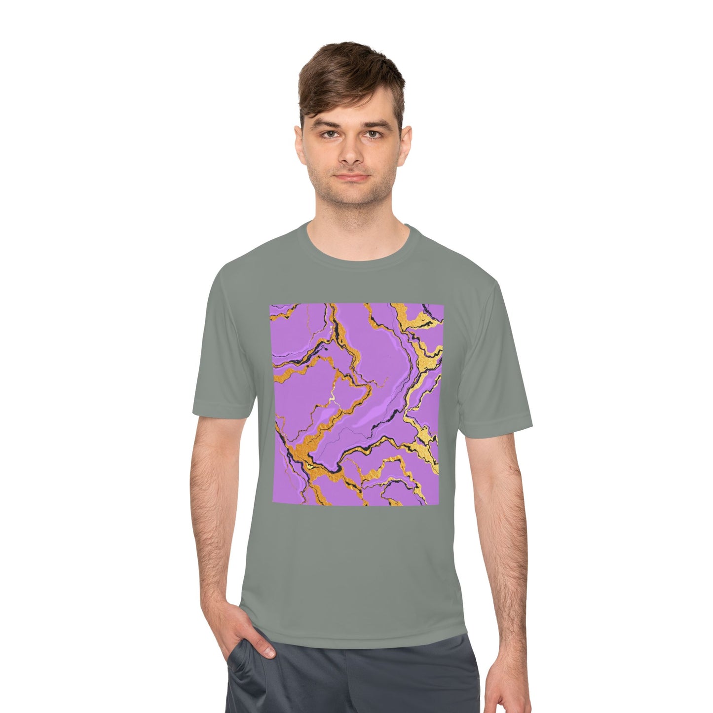 Unisex Moisture-Wicking Tee with Purple and Gold Marble Design - Athletic Shirt, Casual Wear, Fitness Apparel, Summer Style, Gift Idea
