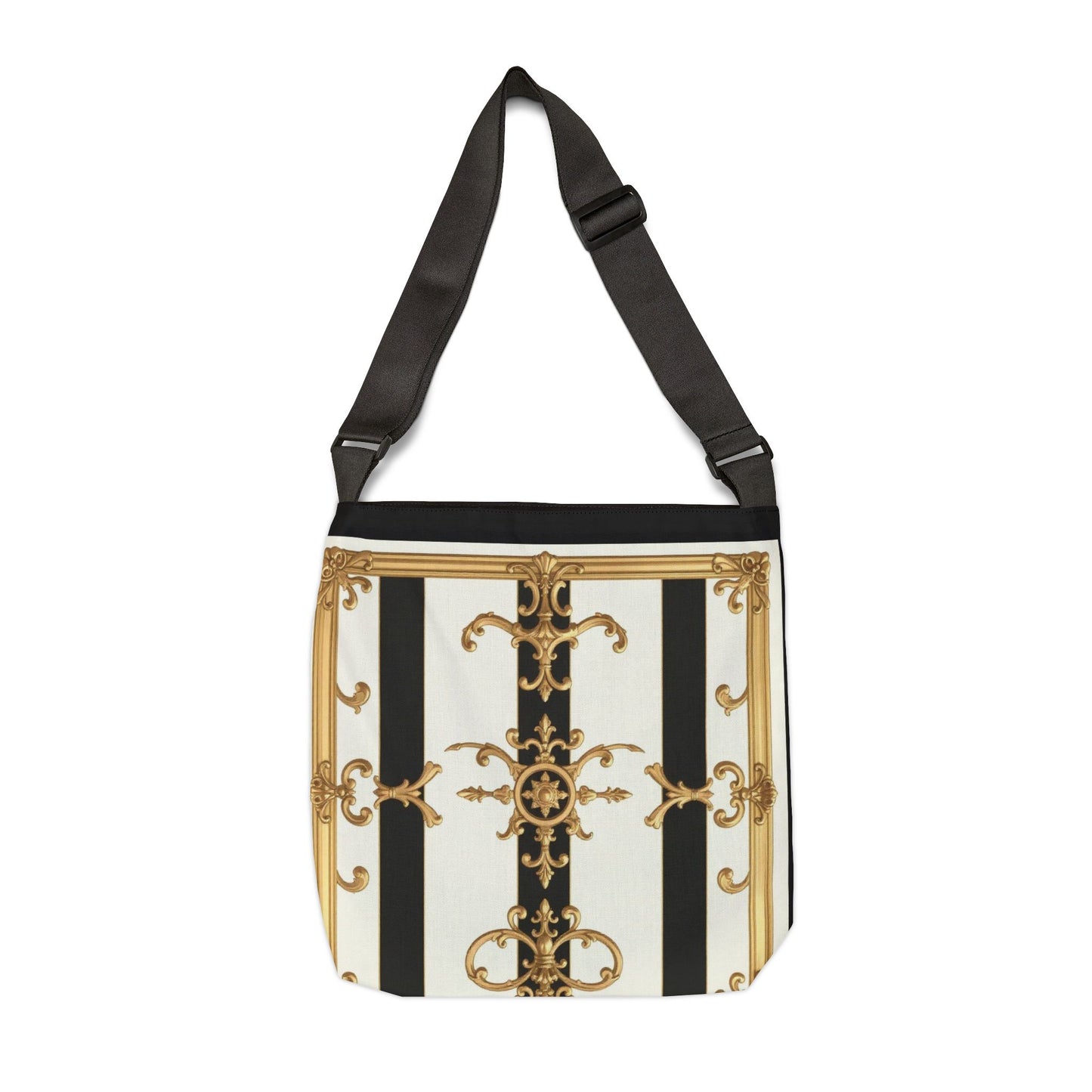 Elegant Vintage-Inspired Adjustable Tote Bag, Fashion Accessories, Daily Use, Gift for Her, Trendy Bag - Black & White Striped Gold Baroque