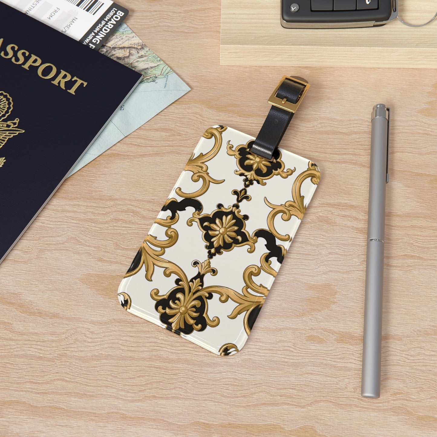Elegant Vintage Luggage Tag, Personalized Travel Accessory, Retro Style Luggage Label, Travel Gift, Bag Tag for Adventurers - Black & Gold Rococo