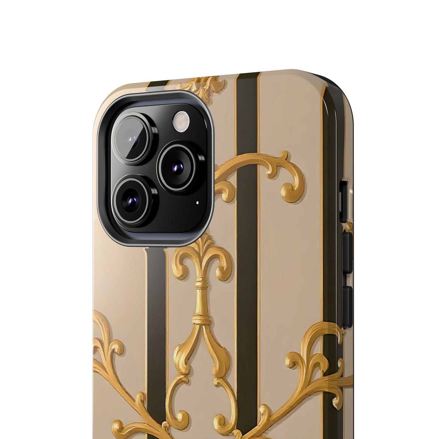 Elegant Vintage Tough Phone Case, Stylish Phone Cover, Boho Accessories, Perfect Gift for Her - Beige Striped Gold Rococo