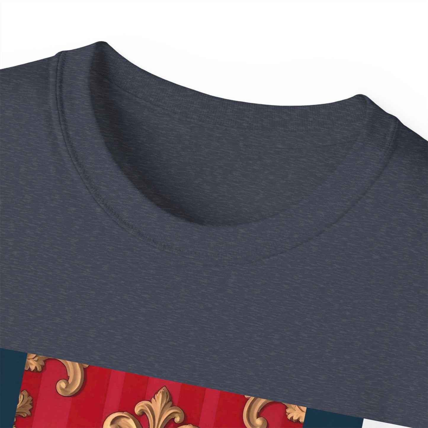 Regal Red Baroque T-Shirt, Artistic Tee, Gift for Art Lovers, Fashionable Statement Shirt, Unique Graphic Top - Blue, Red & White Striped Baroque