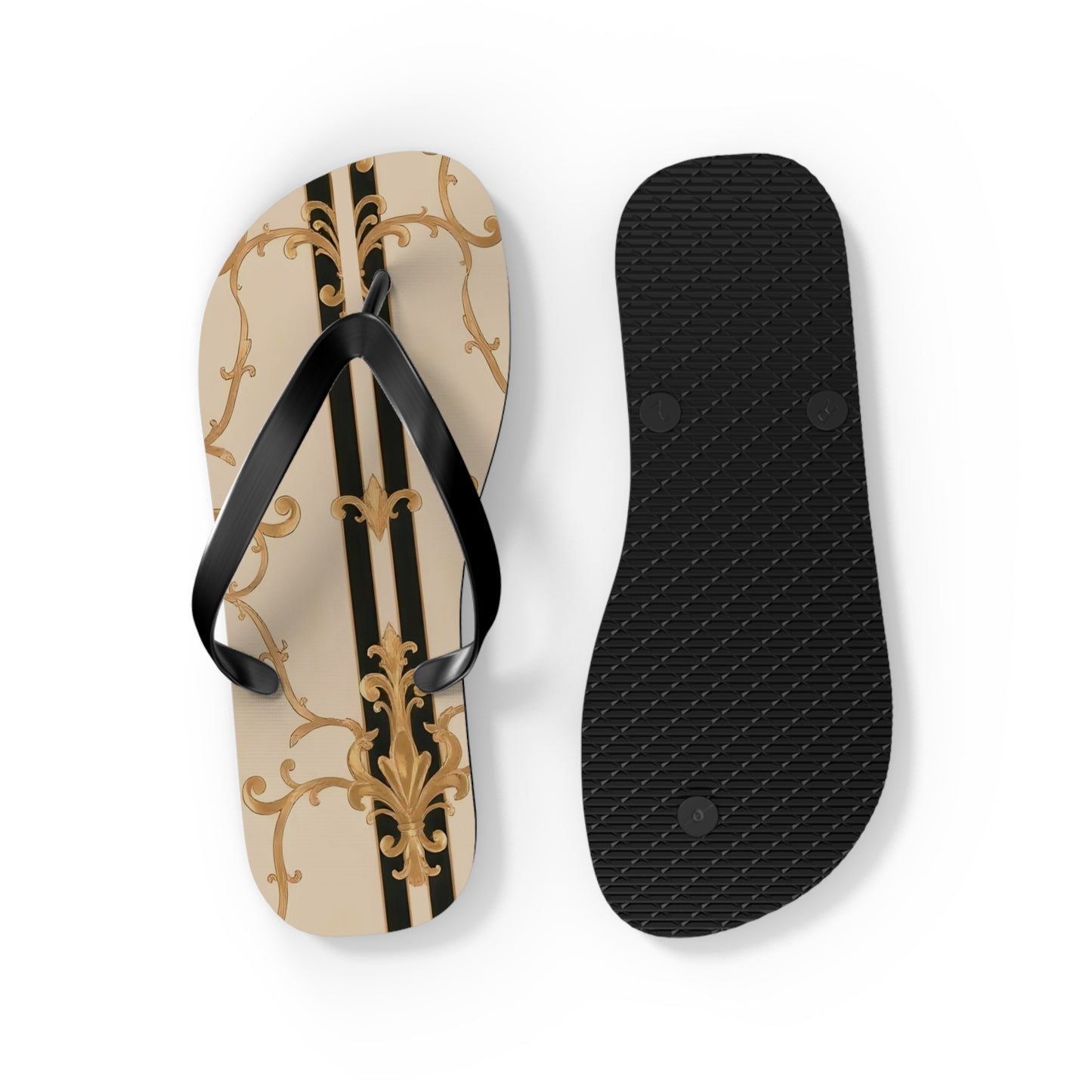 Chic Floral Flip Flops | Stylish Summer Sandals for Beach, Pool, Vacation, Travel, Fun In The Sun - Black & Beige Striped Damask