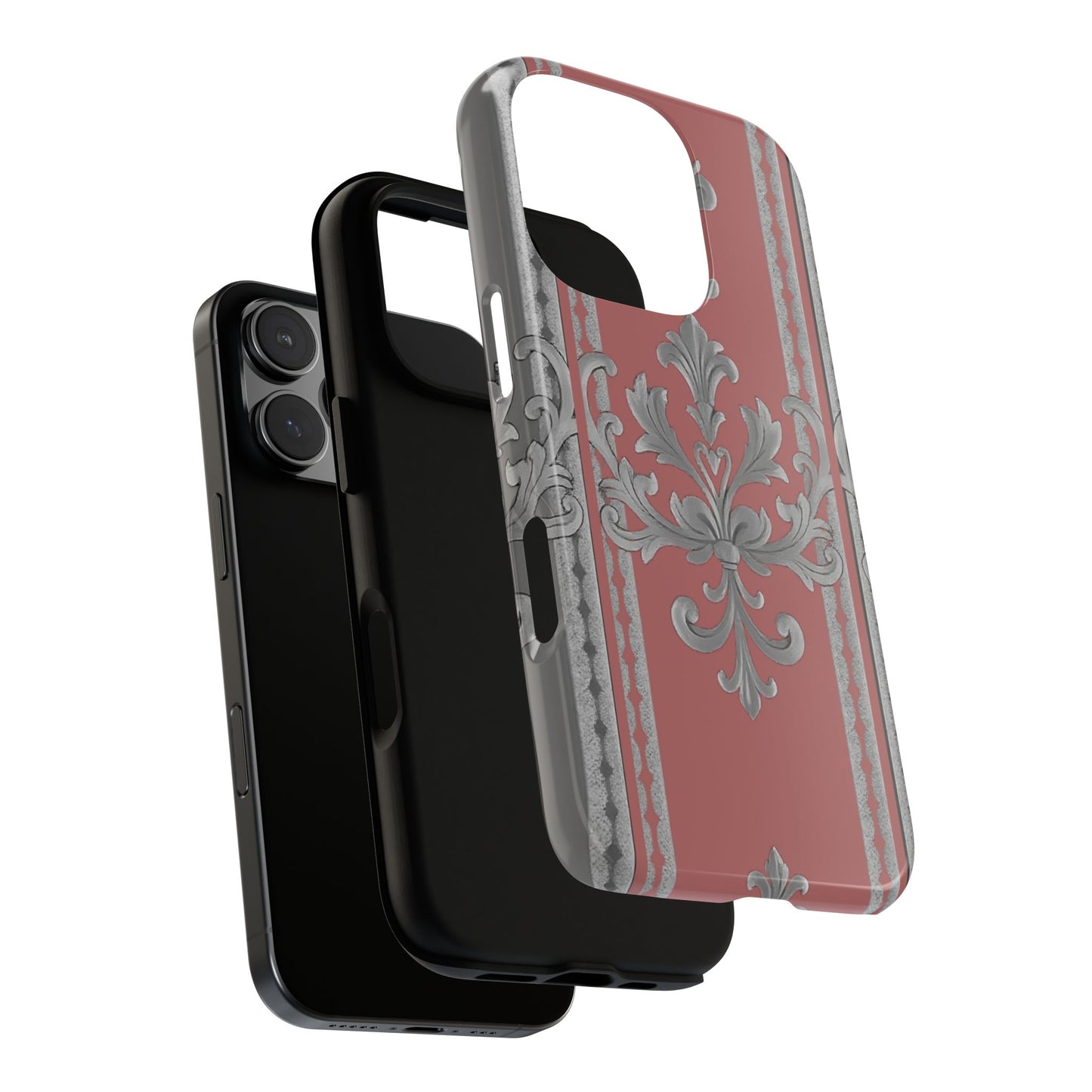 Elegant Floral Phone Case - Tough Cases for Stylish Protection - Gray & Mauve Striped Baroque
