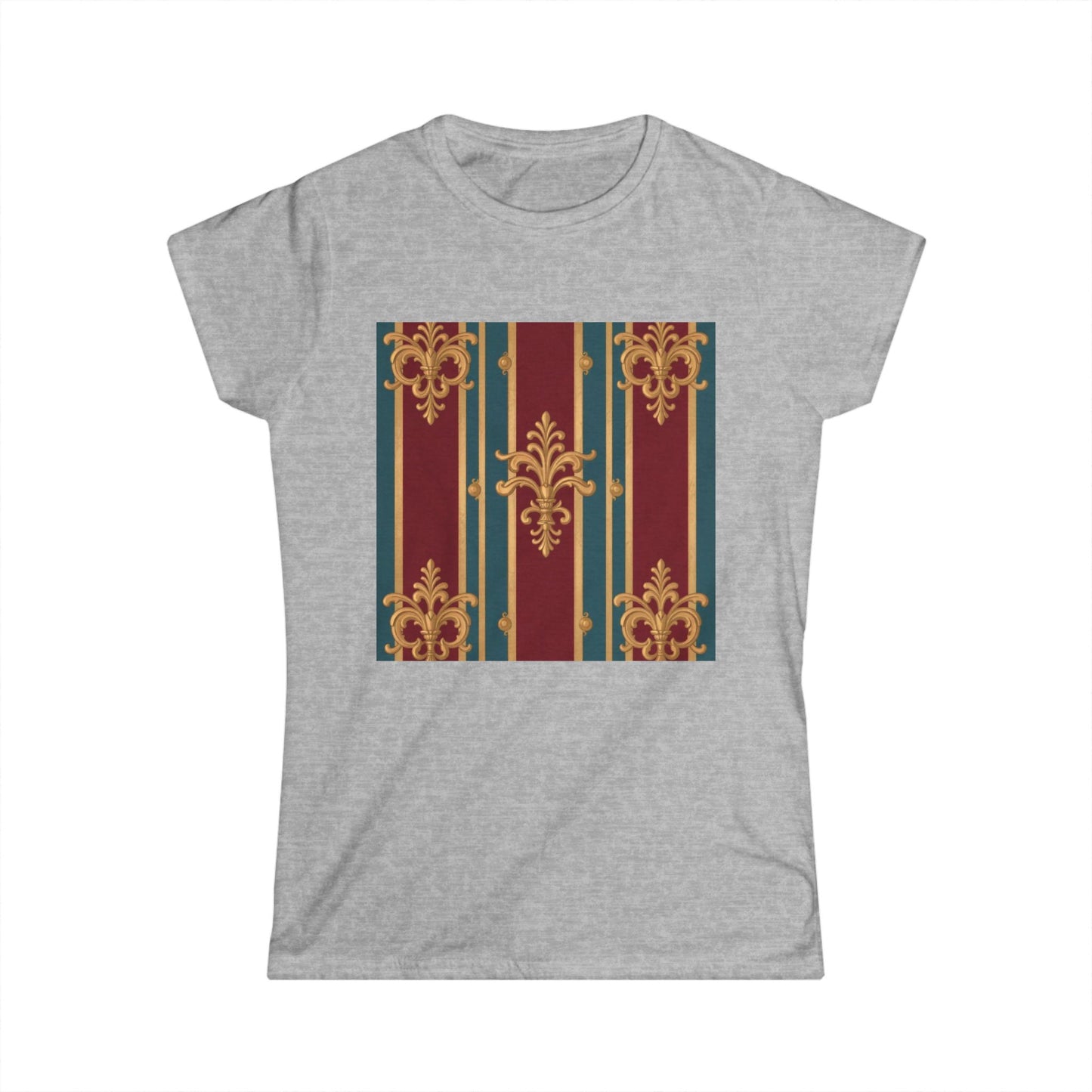 Elegant Floral Design Women's Softstyle Tee - Casual Wear, Gift for Her, Birthday, Summer Fashion - Burgundy Striped Gold Baroque