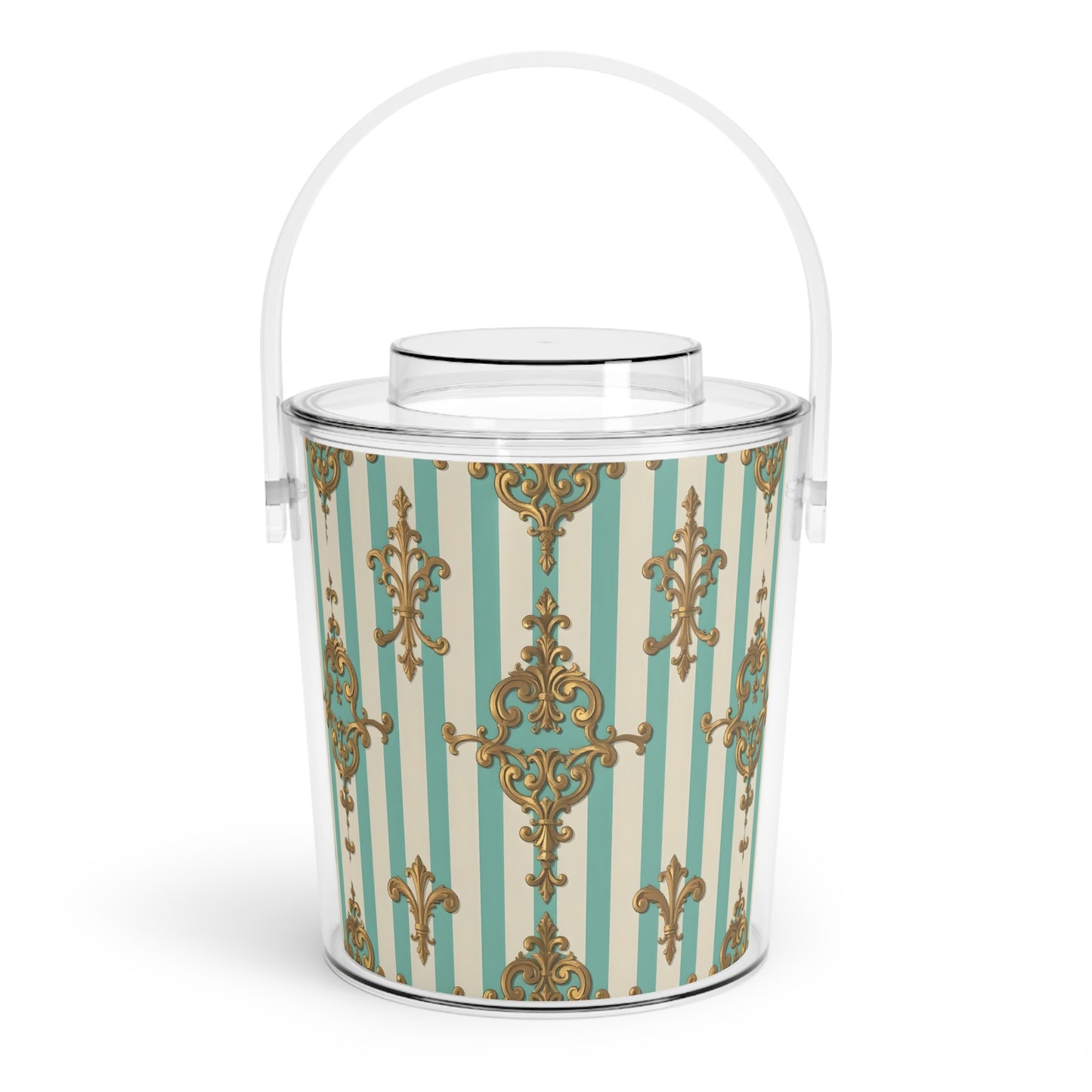 Elegant Decorative Ice Bucket with Tongs, Party Barware, Wedding Gift, Home Décor, Cocktail Accessory - Matte Green Striped Rococo