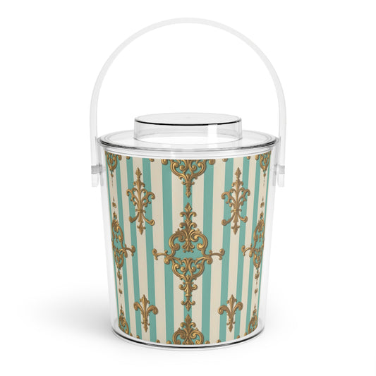 Elegant Decorative Ice Bucket with Tongs, Party Barware, Wedding Gift, Home Décor, Cocktail Accessory - Matte Green Striped Rococo