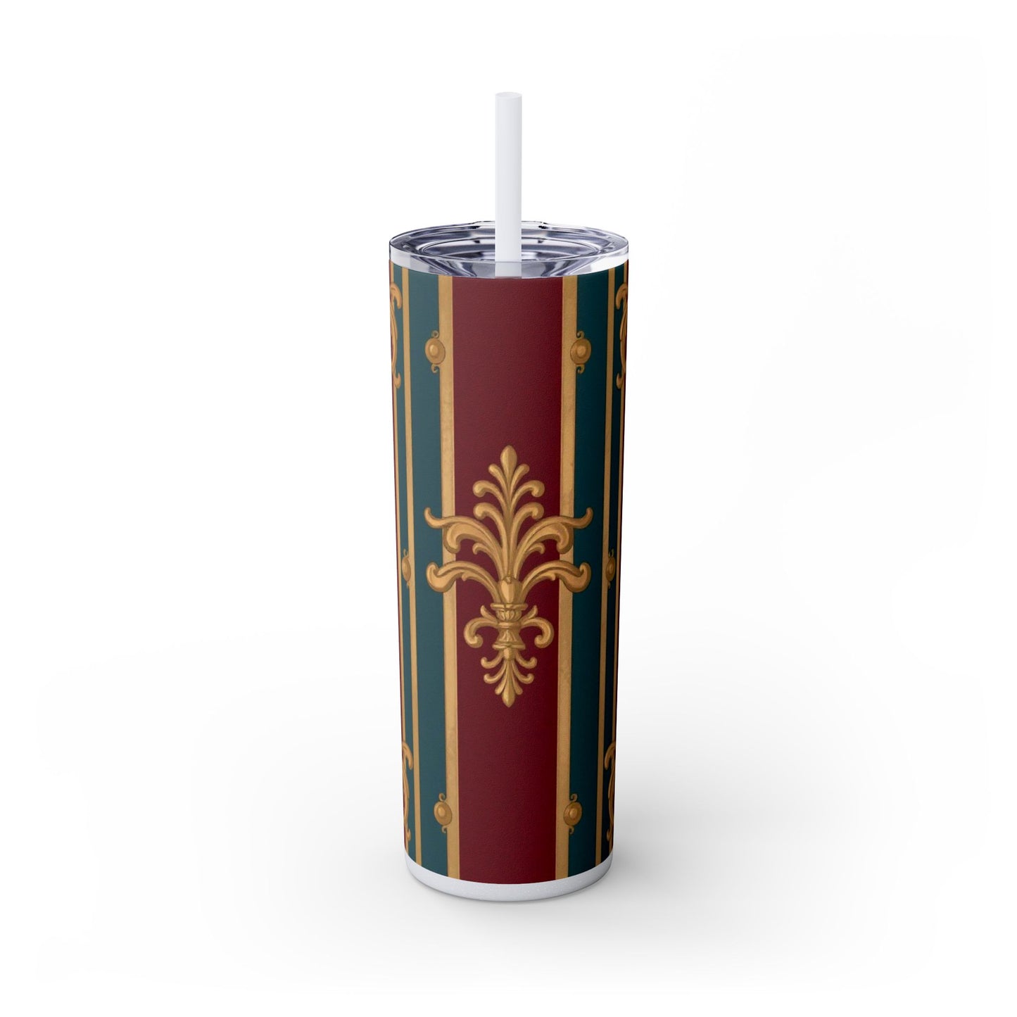 Elegant Vintage Skinny Tumbler with Straw, 20oz | Gold & Burgundy Design | Travel Mug, Gift for Her - Burgundy Striped Gold Baroque