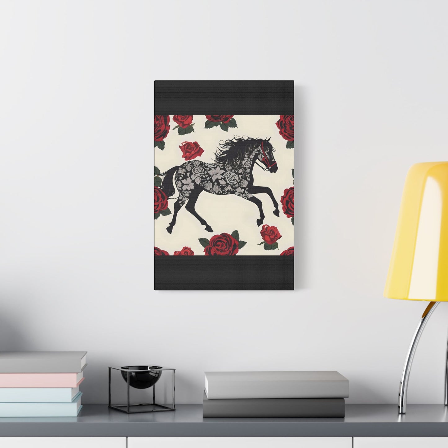 Art Print Canvas, Wall Decor, Satin Stretched Canvas, Equestrian Art, Office Decor, Home Decor - Horse & Roses