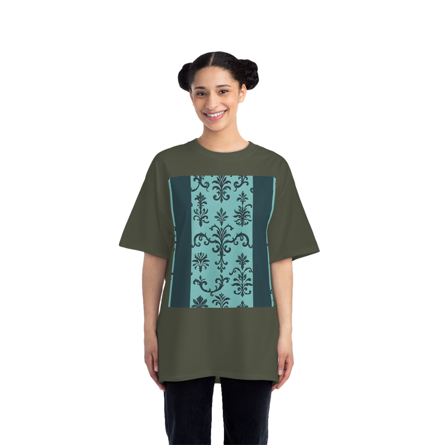 Elegant Floral T-Shirt - Vintage Design, Casual Wear, Gift for Her, Summer Fashion, Stylish Tee - Teal Striped Rococo