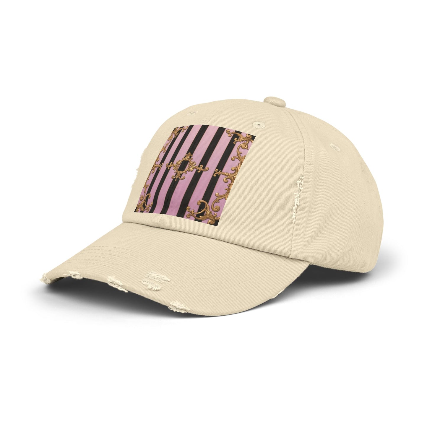 Chic Distressed Cap, Trendy Fashion Accessory, Summer Style Hat, Unique Gift for Her - Matte Lavender & Black Striped Gold Baroque