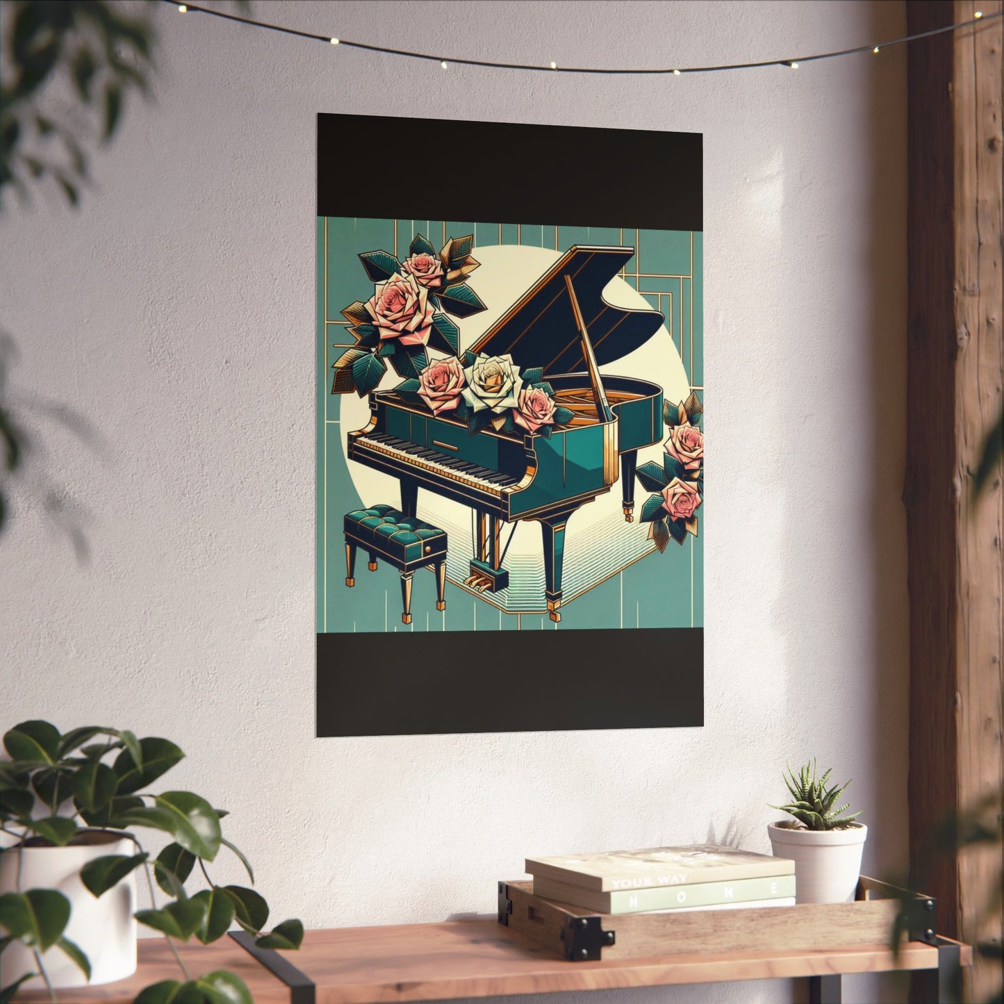 Vertical Poster - Teal Grand Piano & Roses Design
