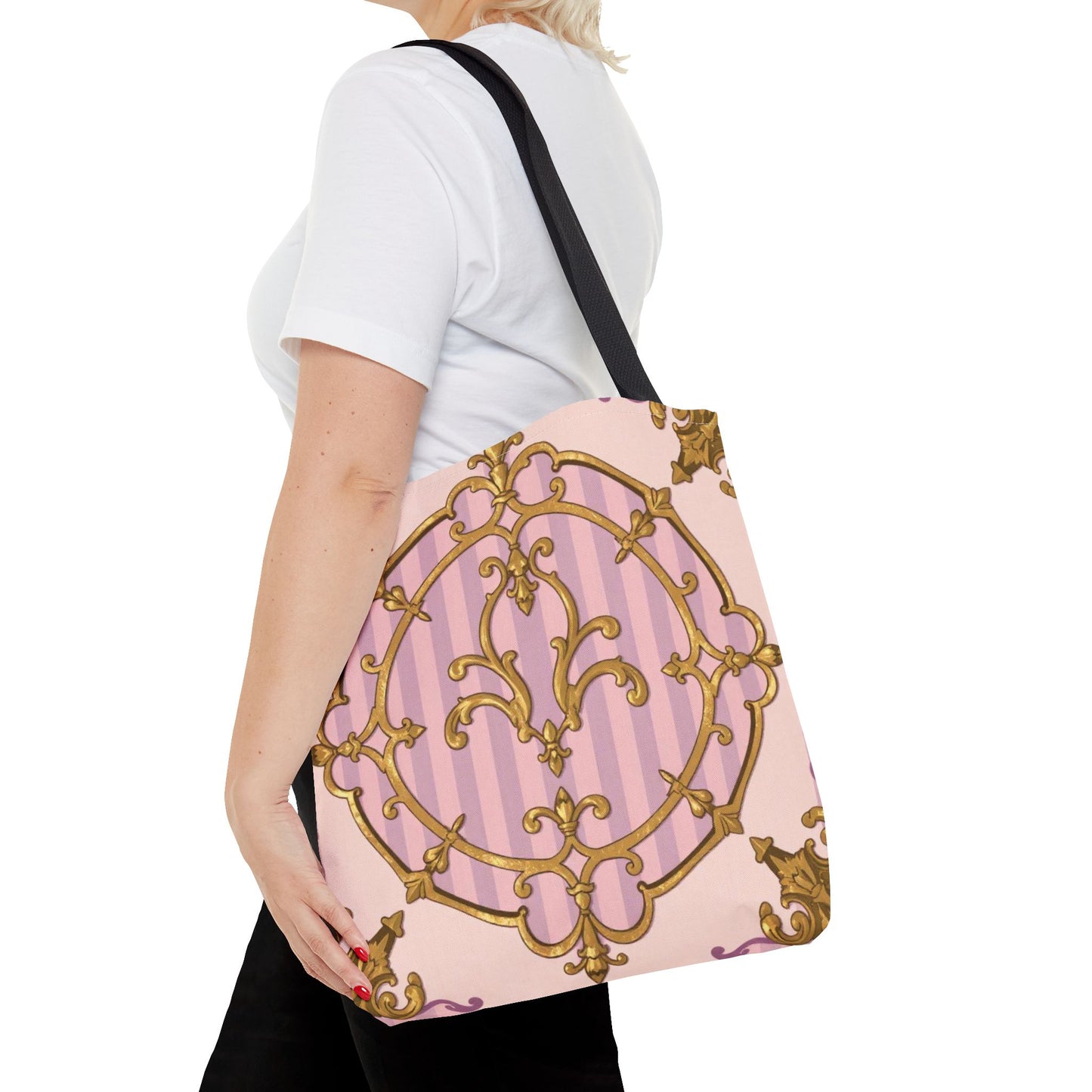 Elegant Lavender & Alabaster Striped Gold Baroque Tote Bag - Stylish Fabric Shopping Bag, Chic Purse, Gift for Her, Summer Outings