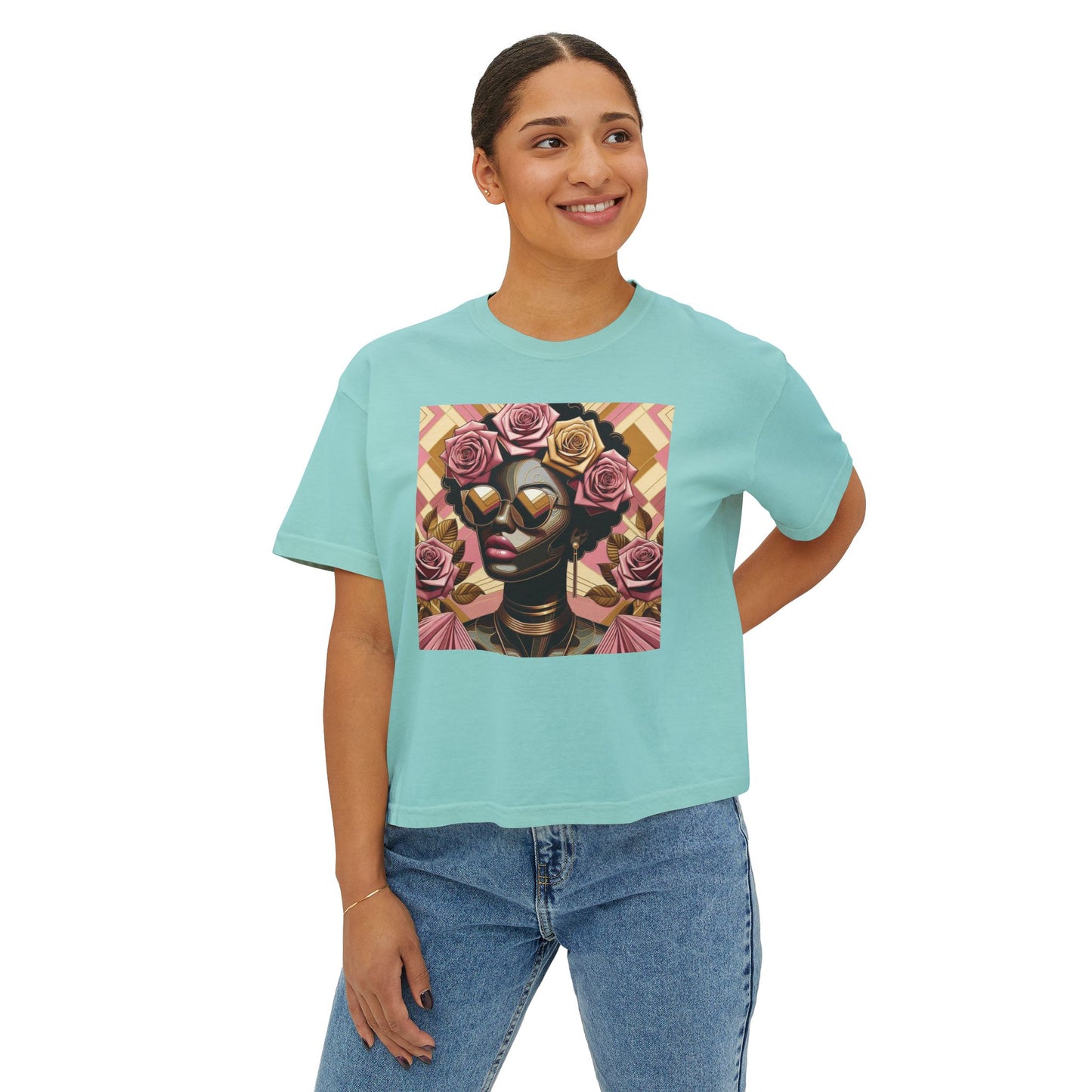 Chic Floral Graphic Women's Boxy Tee, Casual T-Shirt, Summer Fashion, Gift for Her, Everyday Wear - Pink Roses Lady