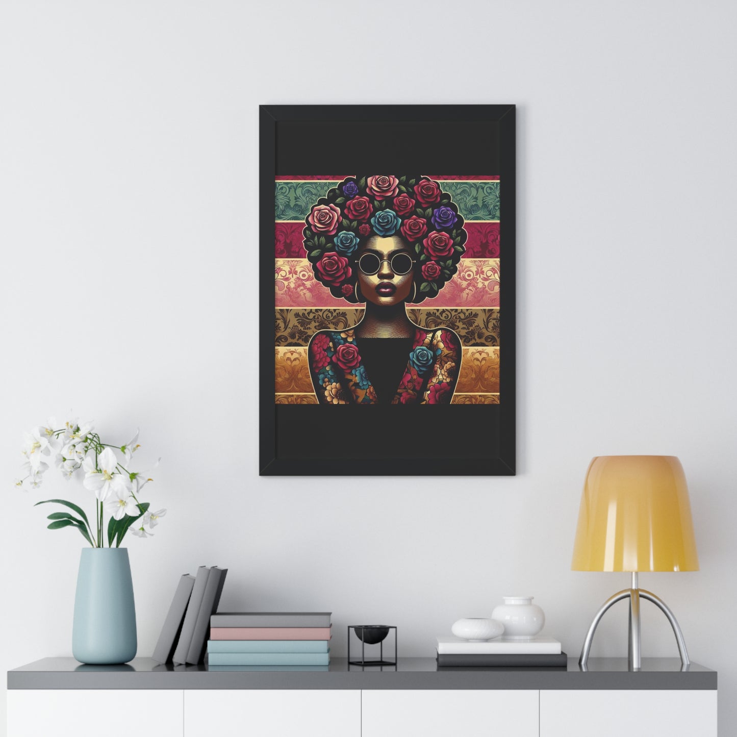 Vertical Poster Lady In Damask & Roses Wall Art