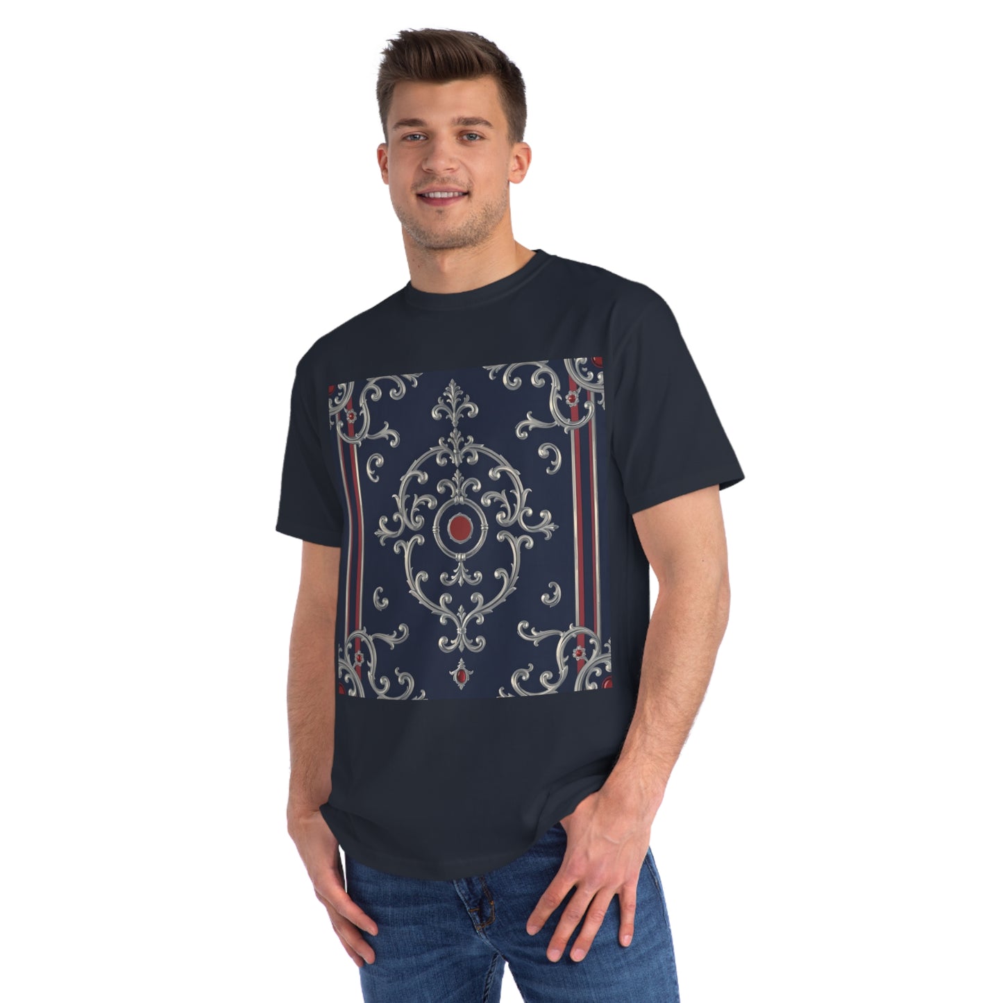 Vintage Pattern Organic Unisex T-Shirt | Baroque Style Tee, Casual Wear, Unique Gift, Eco-Friendly Fashion - Blue & Red Striped Silver Baroque
