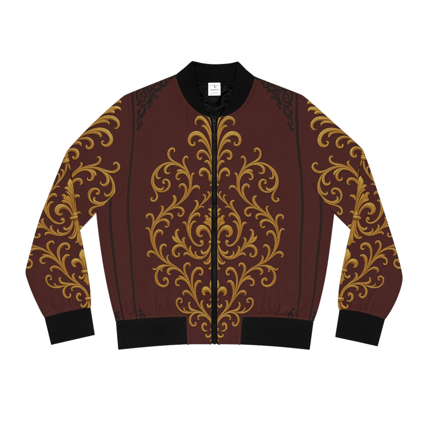 Dusk Burgundy-Black & Gold Baroque Women's Bomber Jacket — Baroque Gold Scroll All-Over Print