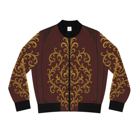 Dusk Burgundy-Black & Gold Baroque Women's Bomber Jacket — Baroque Gold Scroll All-Over Print