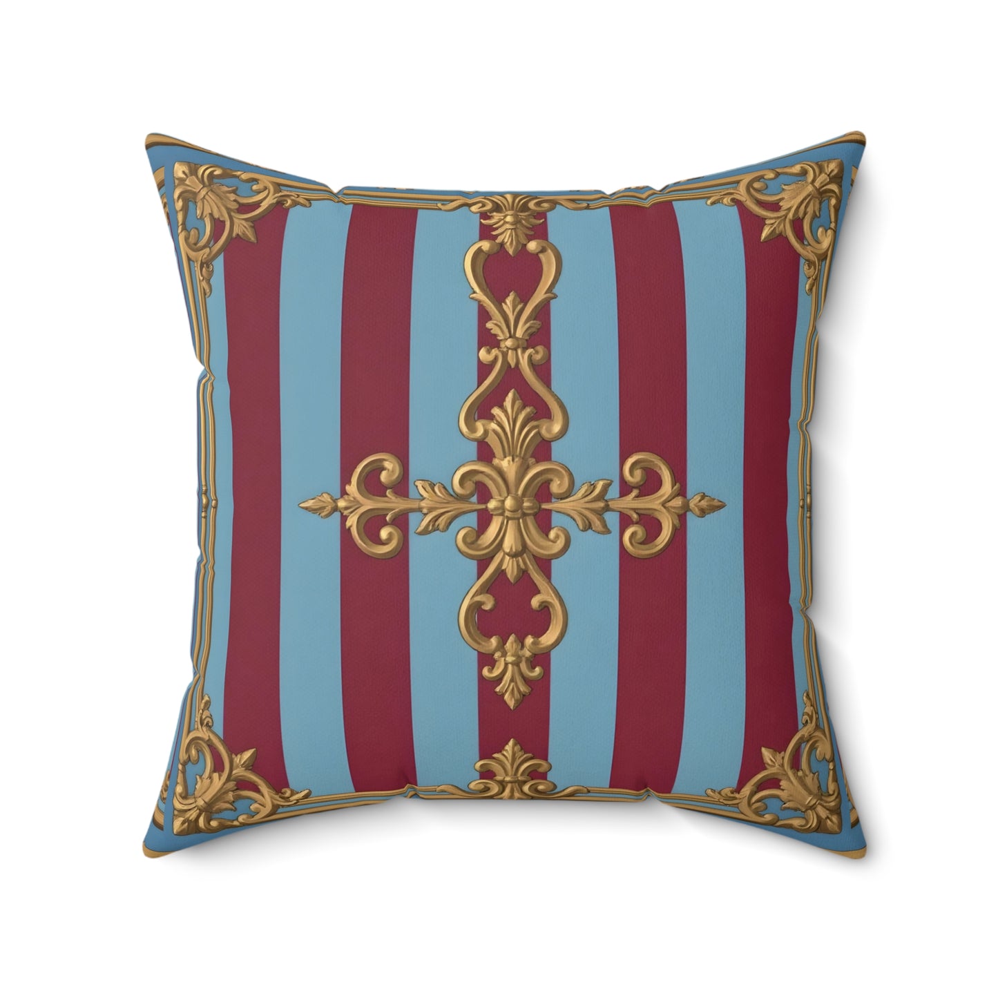 Elegant Faux Suede Accent Pillow, Chic Home Decor, Decorative Cushion, Luxurious Throw Pillow - Sky Blue & Maroon Striped Baroque