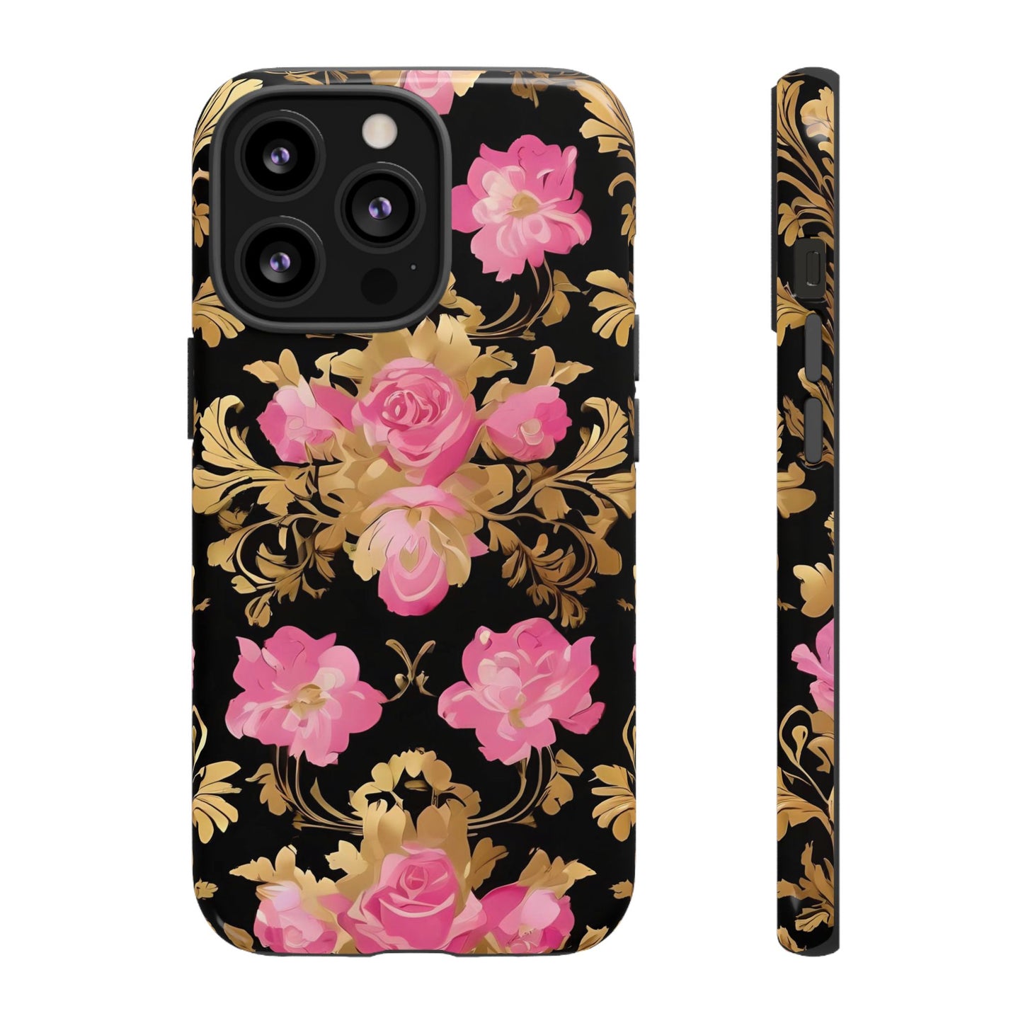 Elegant Floral Motif Phone Case - Tough Cases with Vintage Design - Pink & Gold Roses