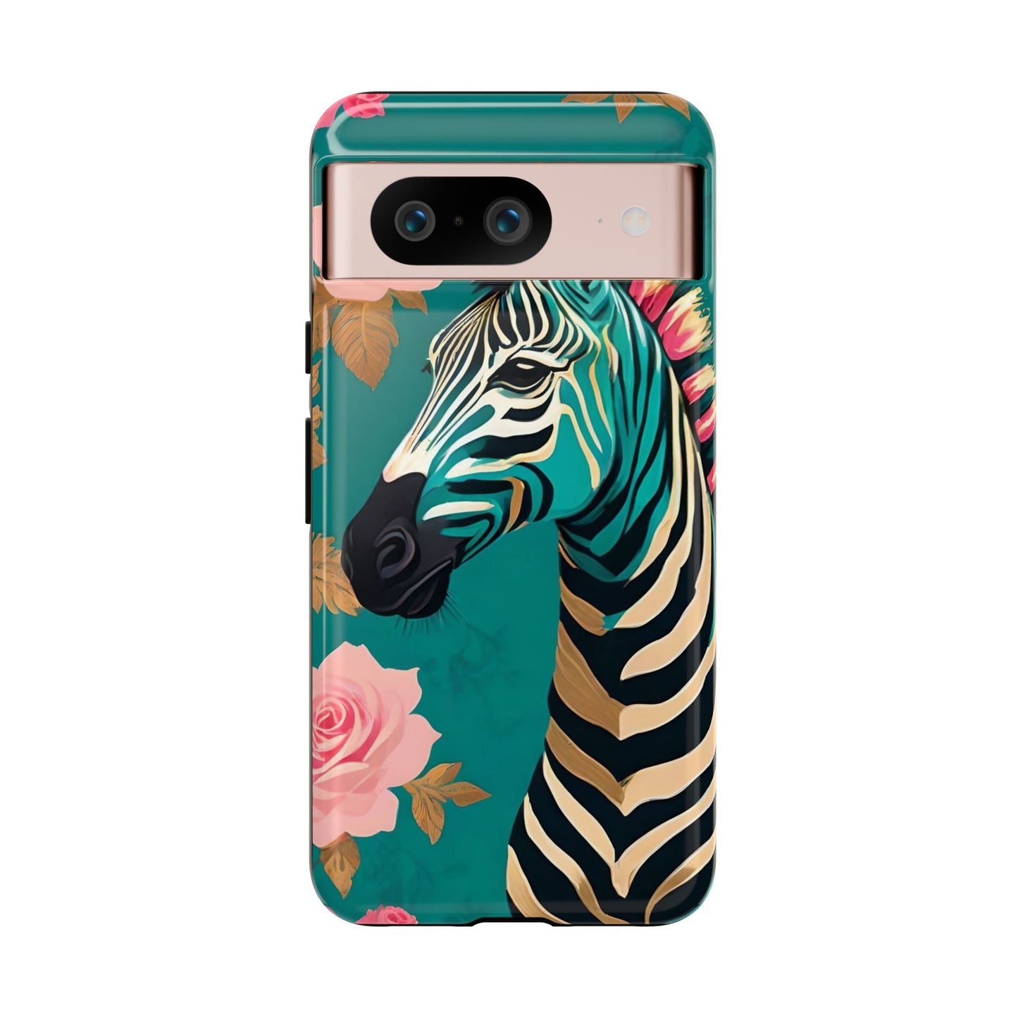 Phone Case - Elegant Teal & Gold Zebra & Roses Design
