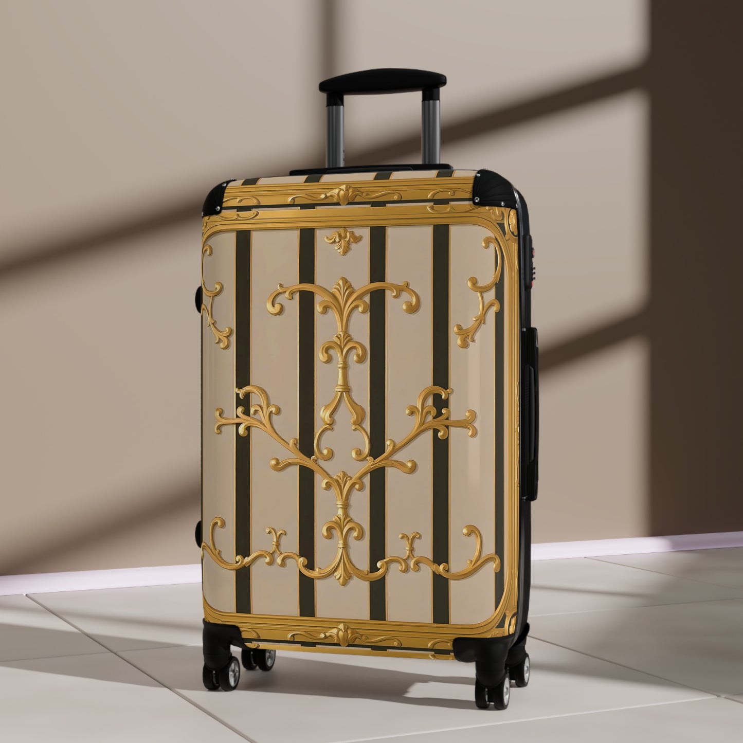 Elegant Travel Suitcase with Vintage Design, Stylish Luggage for Adventurers, Holiday Travel Gear - Beige Striped Gold Rococo