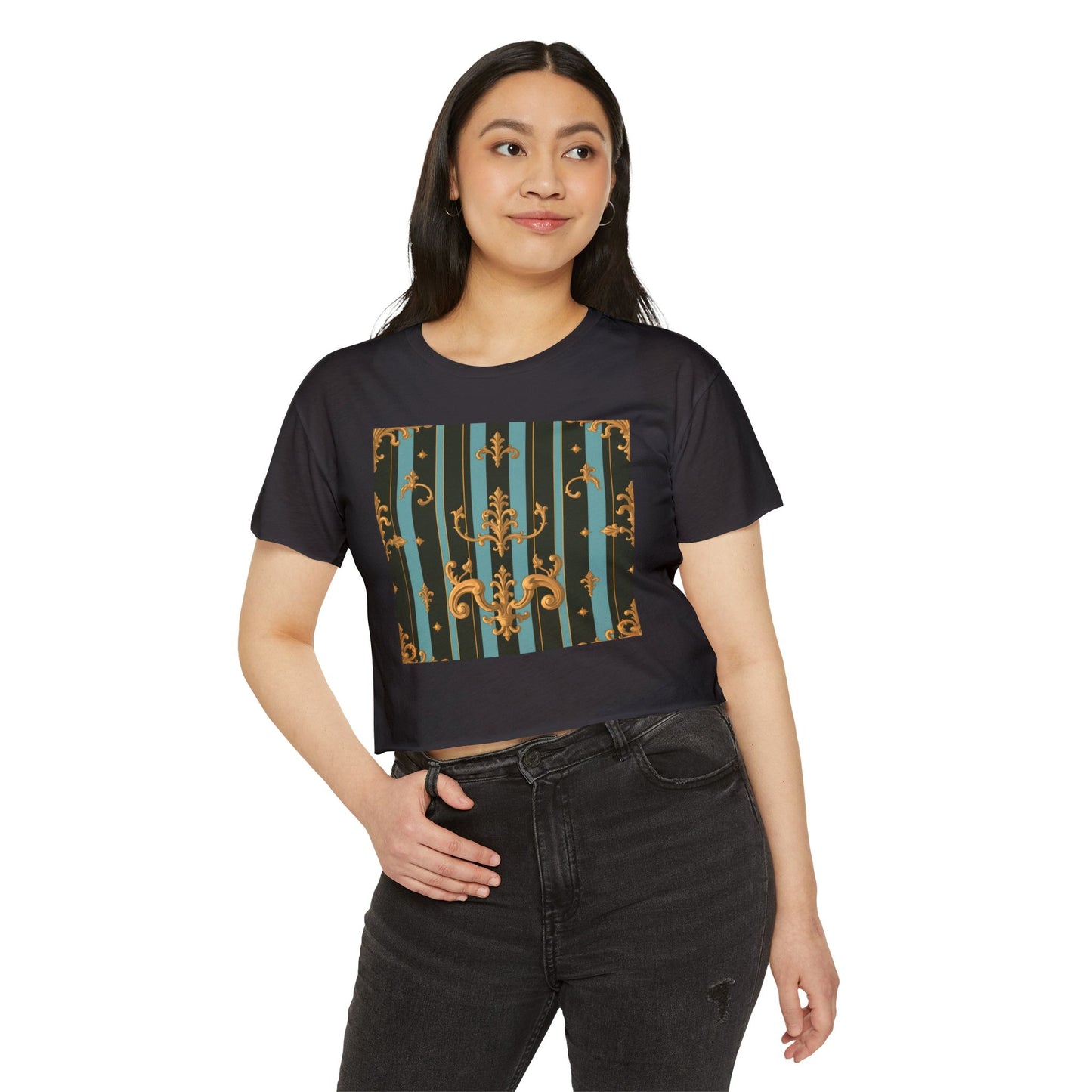 Boho Festival Crop Top, Trendy Summer Top, Stylish Women’s Crop Tee, Perfect for Music Festivals, Casual Wear - Black & Turquoise Striped Baroque