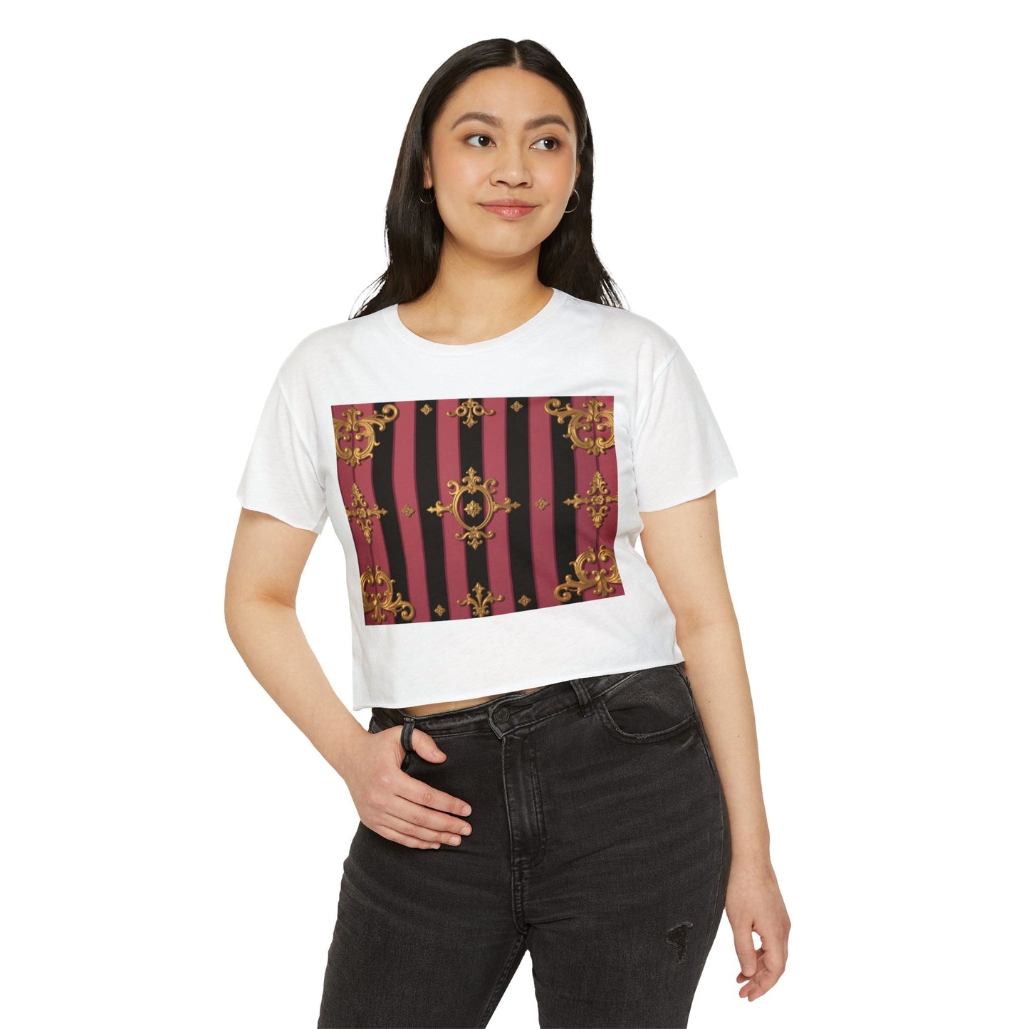 Festival Ready Black & Mauve Striped Gold Baroque Women's Crop Top | Elegant Chic, Summer Fashion, Music Festival Apparel