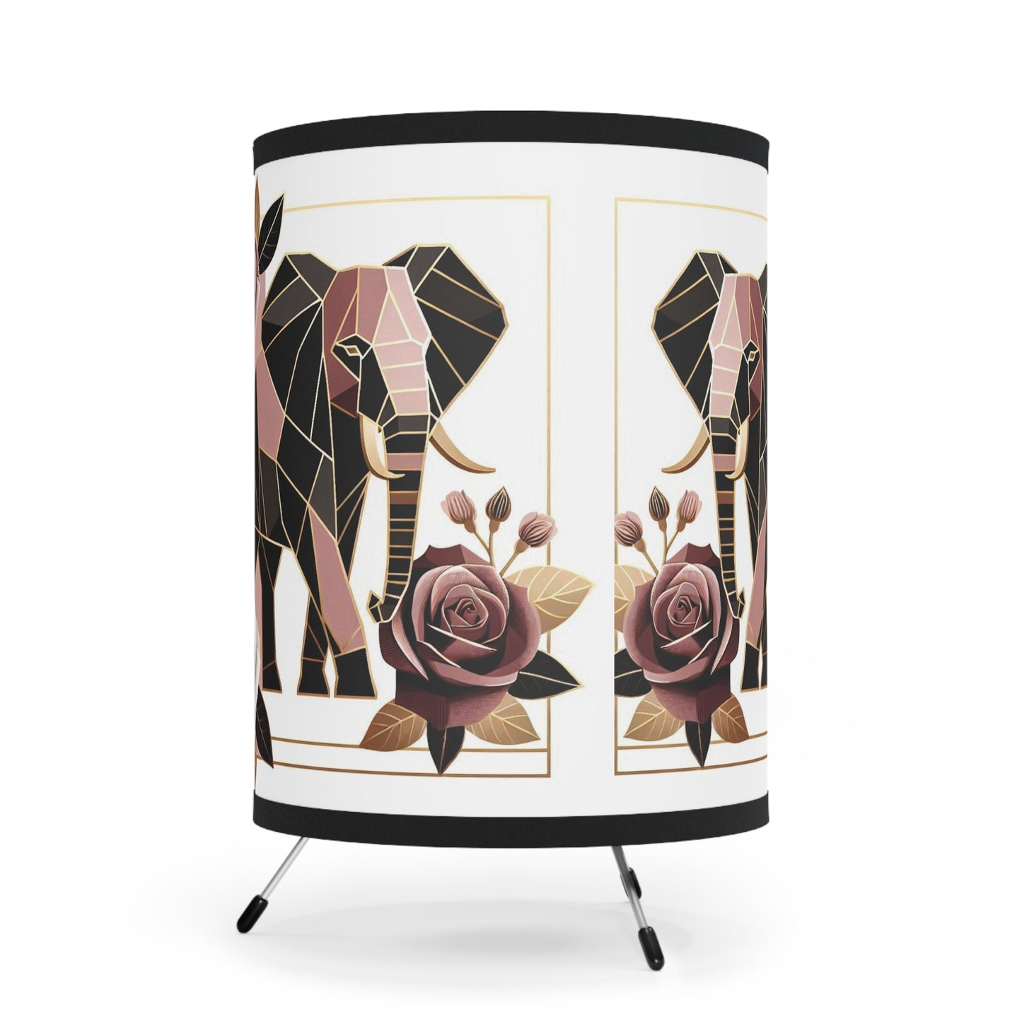 Boho Elephant Tripod Lamp with Floral Design - High-Res Printed Shade - Brown & Mauve Elephant & Roses Design