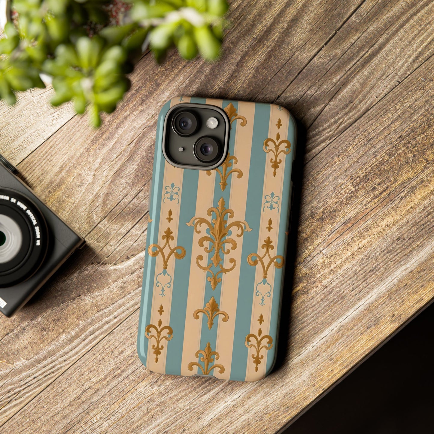 Elegant Floral Motif Phone Case - Tough Cases with Vintage Design -  Beige & Sky Blue Striped Gold Damask