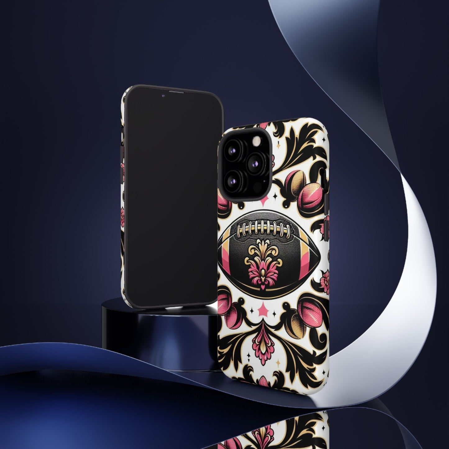 Elegant Floral Motif Phone Case - Tough Cases with Vintage Design - Damask White, Pink Gold & Black Football