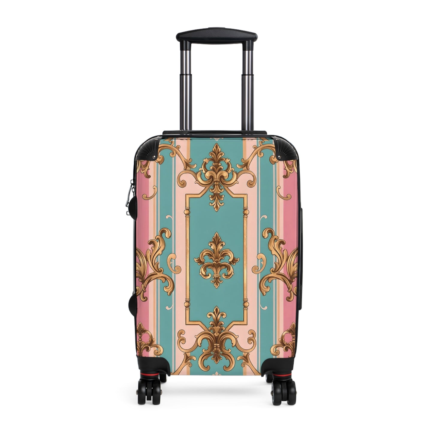 Chic Travel Suitcase - Stylish Carry-On Luggage for Jetsetters, Vacation Days, Weekend Getaways - Pink & Matte Turquoise Striped Rococo