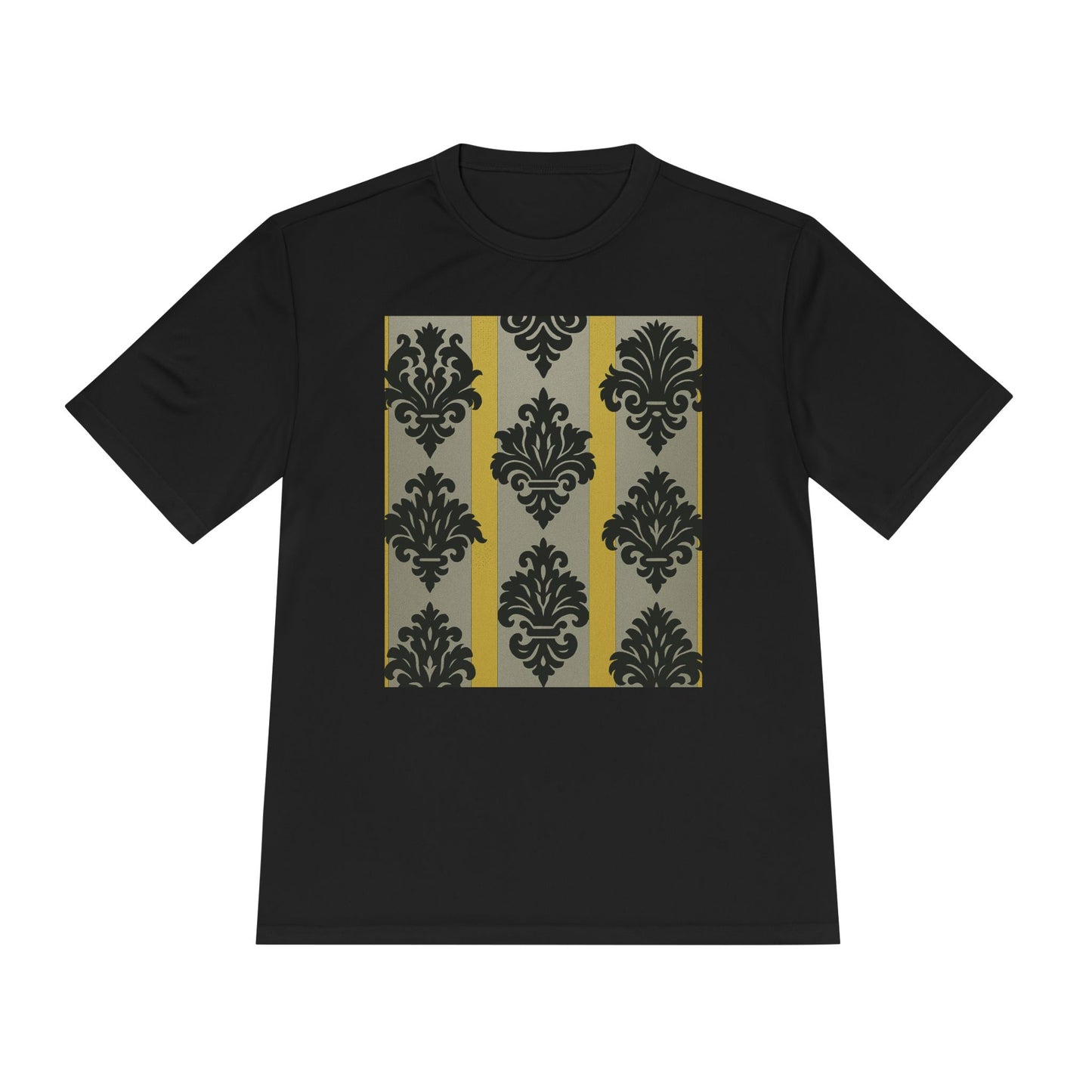 Elegant Patterned Unisex Moisture Wicking Tee, Activewear, Casual Tee, Gift for Him/Her, Stylish Sportswear - Silver & Gold Striped Black Baroque