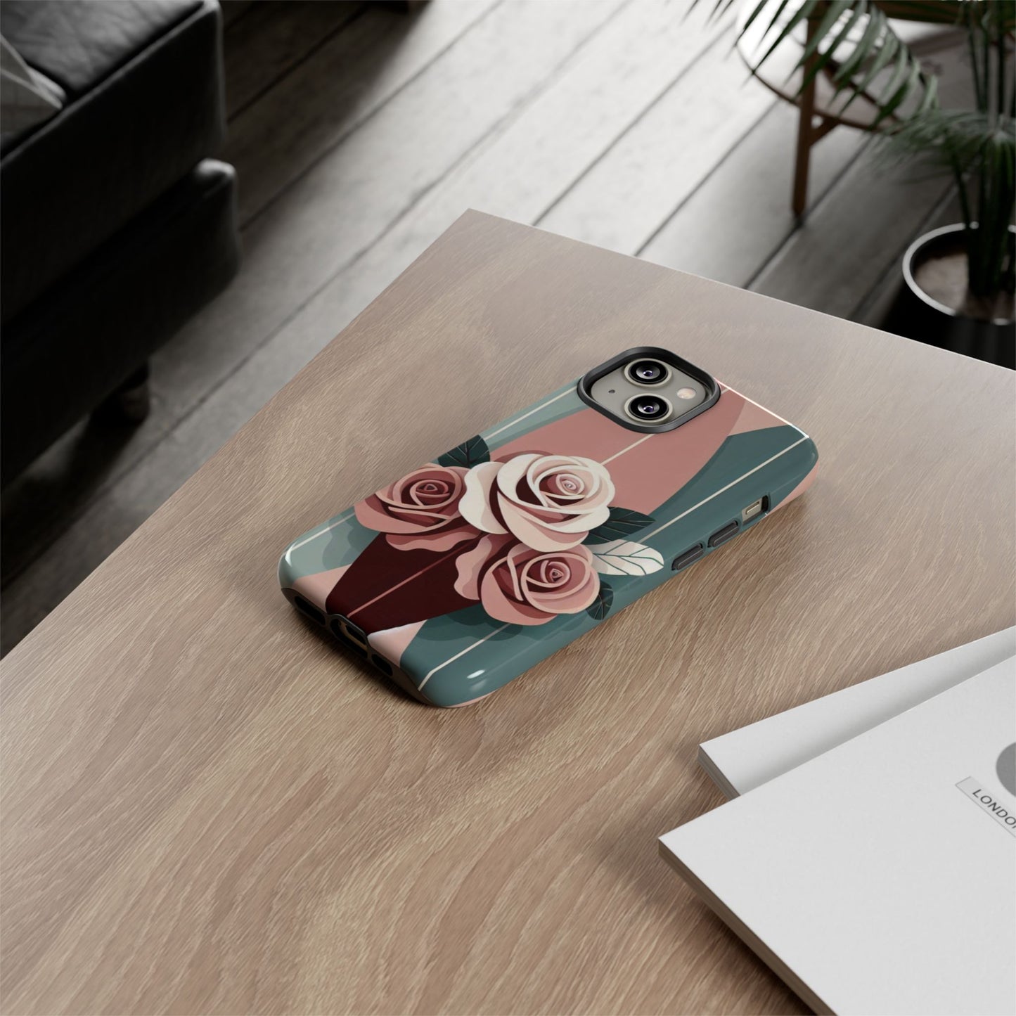 Phone Case - Burgundy, Matte Mauve & Teal Surfboard & Roses Design
