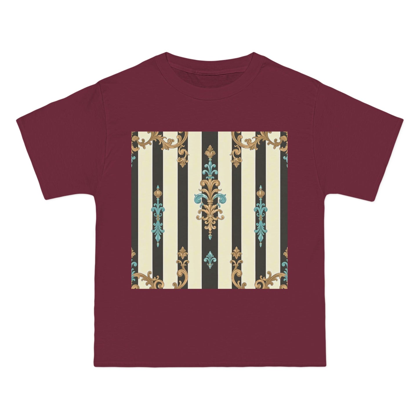 Elegant Floral Pattern Tee, Vintage Style T-Shirt, Gift for Her, Casual Outfit - Black Striped Turquoise & Black Rococo