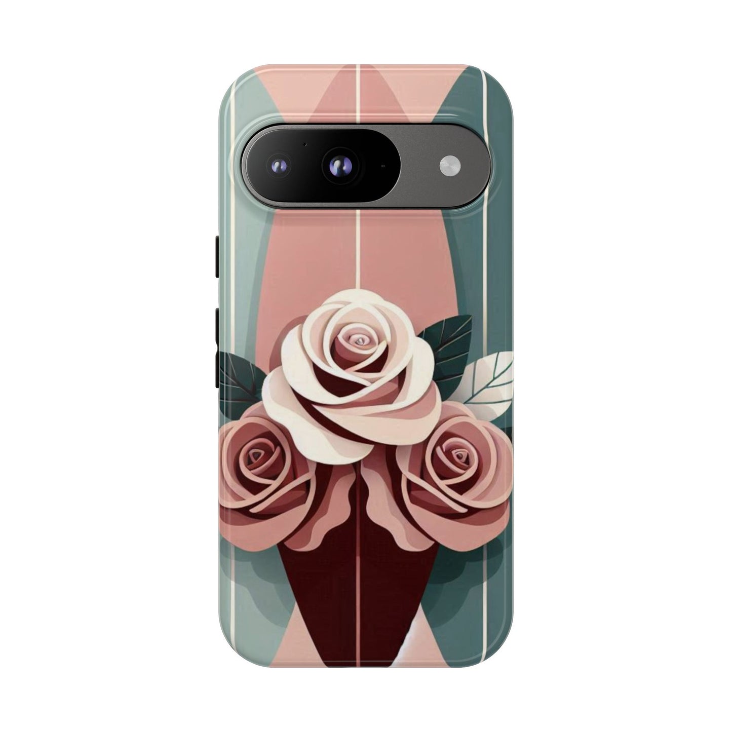Phone Case - Burgundy, Matte Mauve & Teal Surfboard & Roses Design