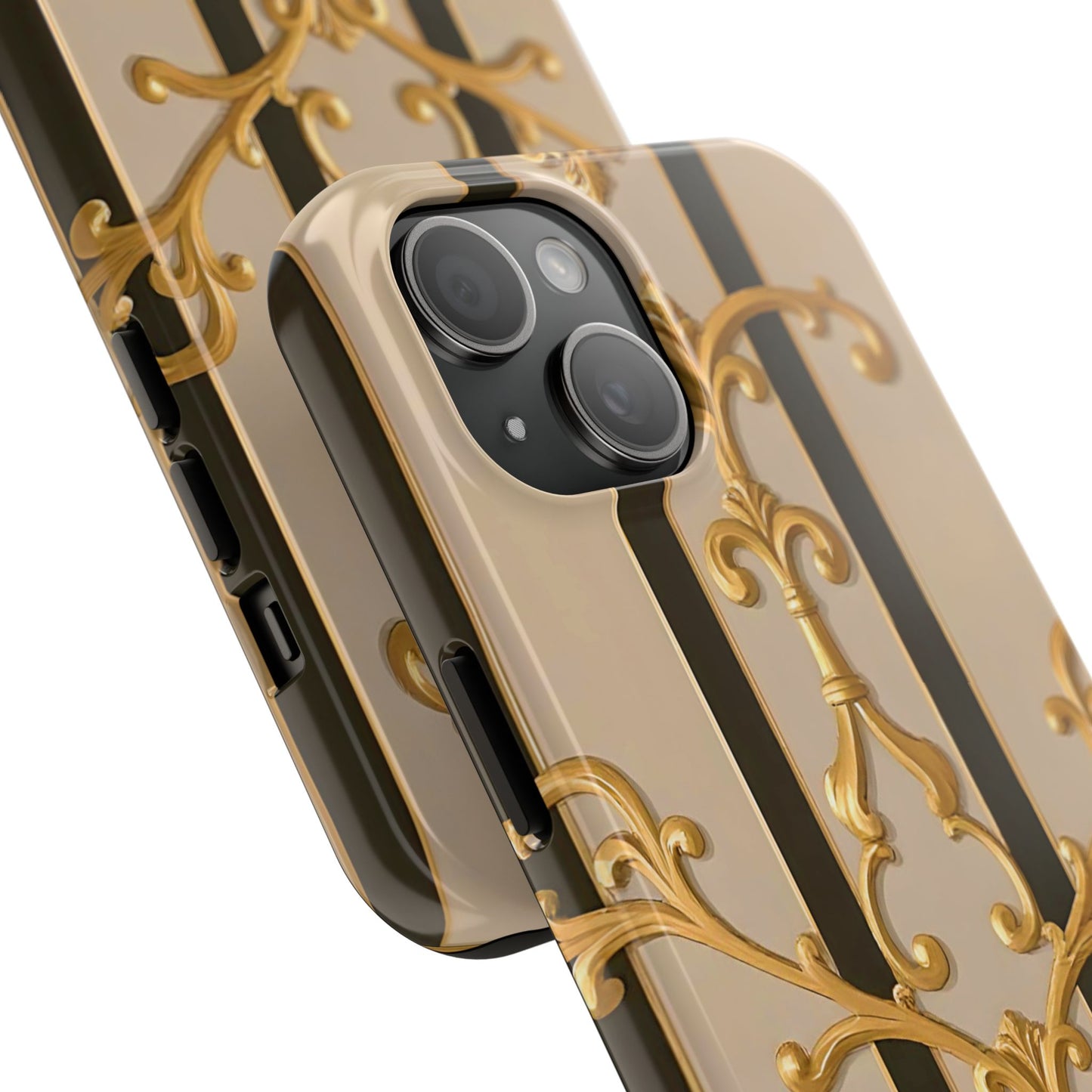 Elegant Vintage Tough Phone Case, Stylish Phone Cover, Boho Accessories, Perfect Gift for Her - Beige Striped Gold Rococo