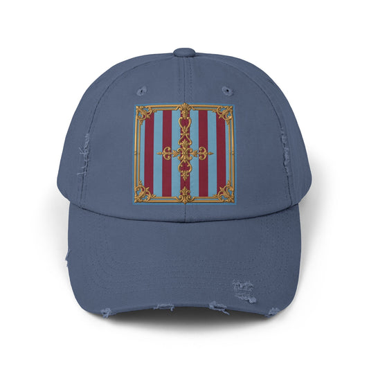 Vintage-Inspired Distressed Cap with Colorful Design, Unisex Hat, Casual Wear, Vintage Style Cap - Sky Blue & Maroon Striped Baroque