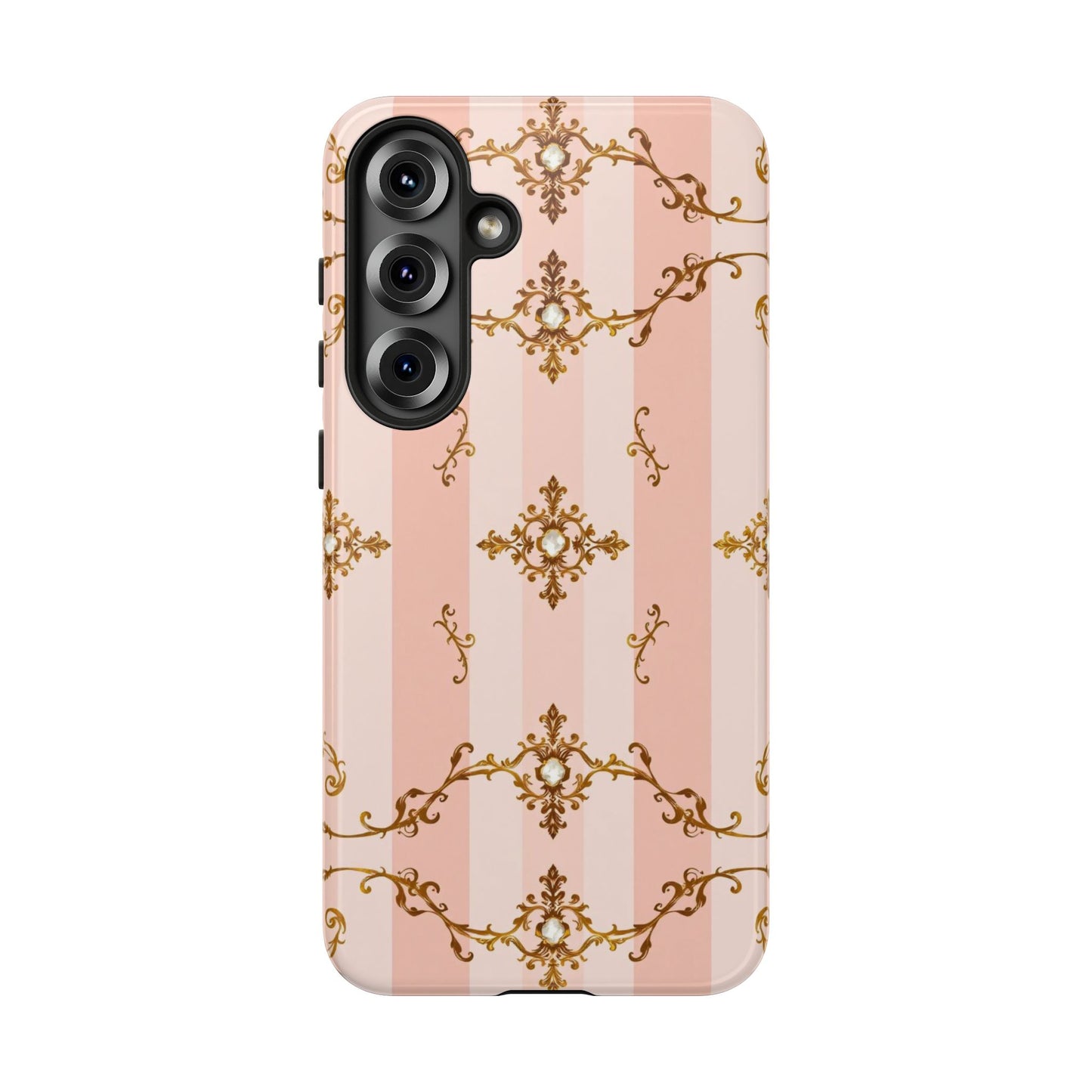 Elegant Floral Phone Case, Tough Cases for Women, Trendy Phone Cover, Chic Gift - Pink Jeweled Striped Gold Baroque