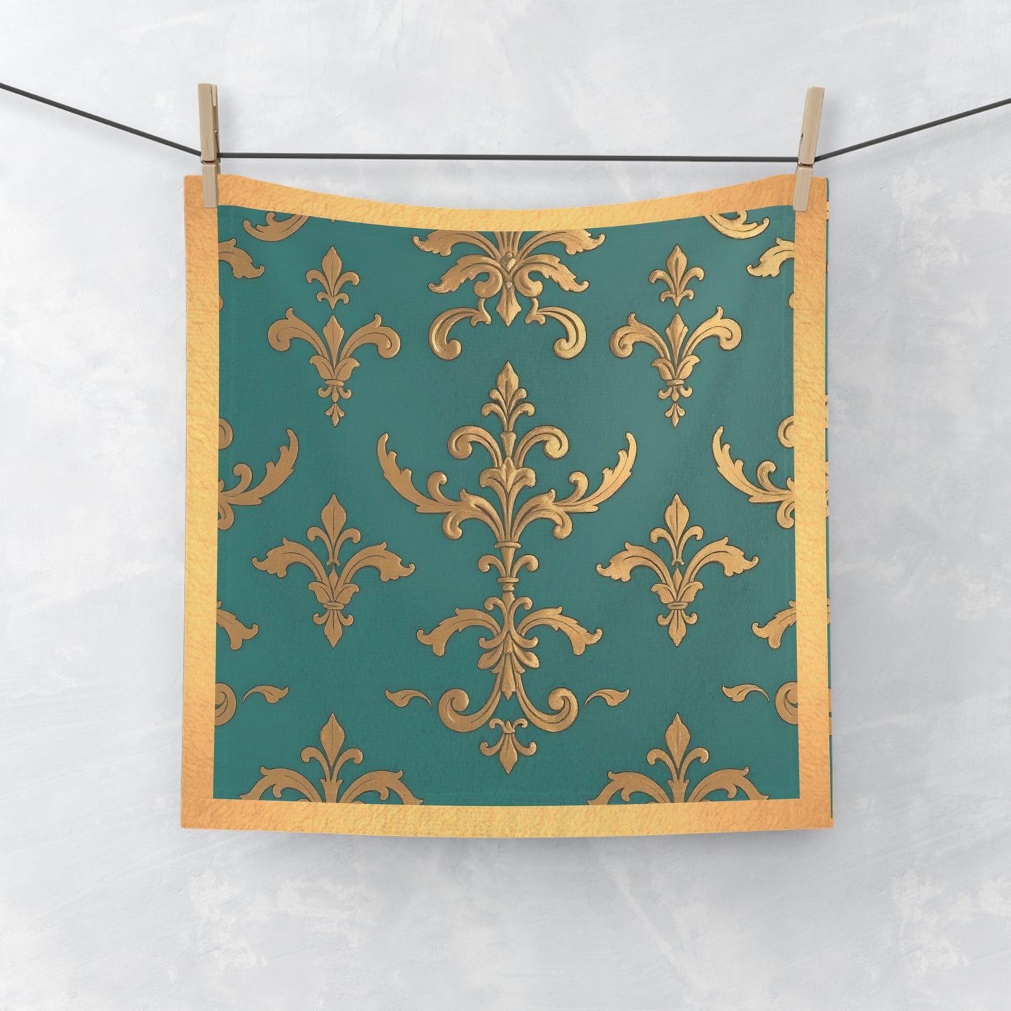 Elegant Vintage Face Towel – Luxurious Gold Pattern for Home & Spa - Aqua & Gold Damask