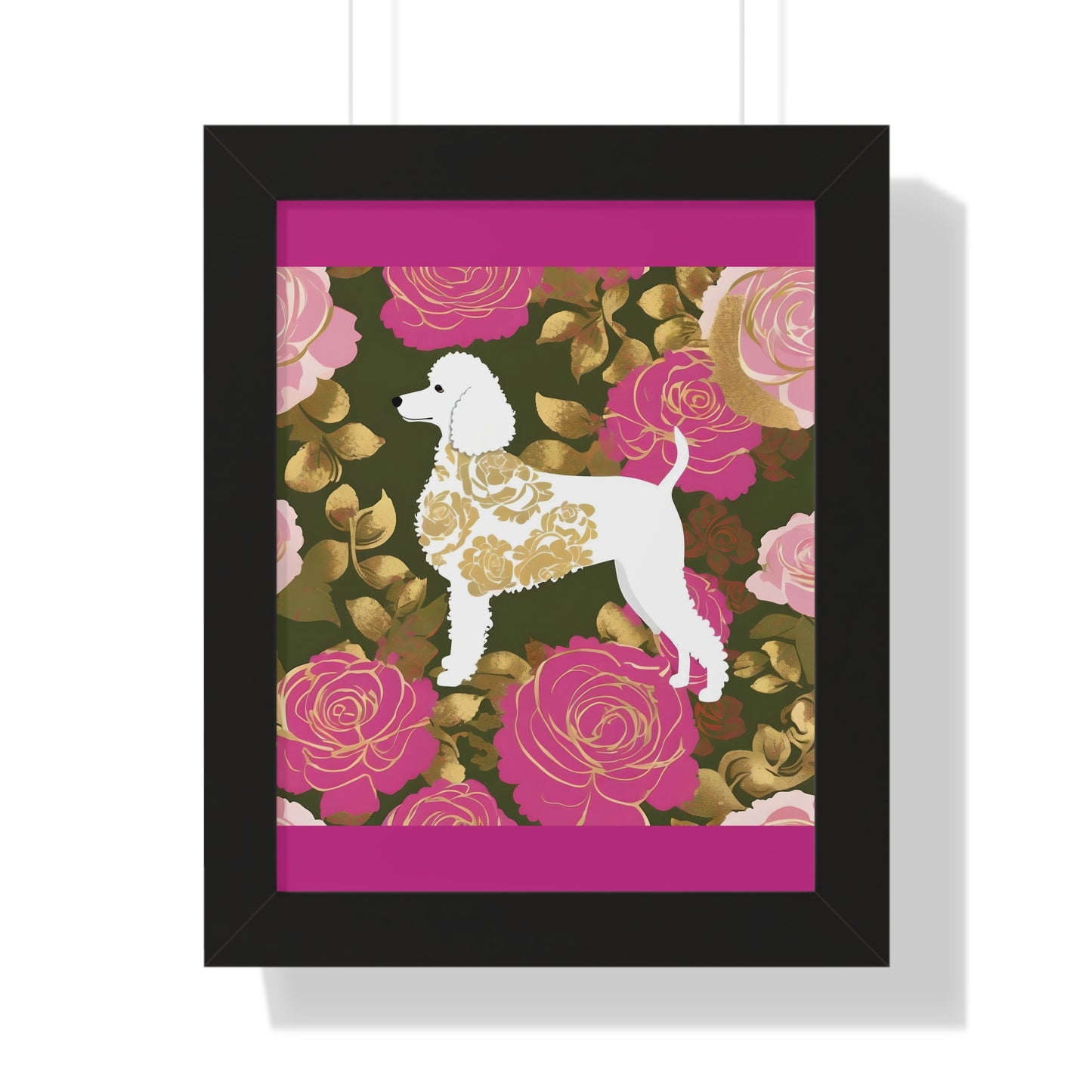 Vertical Poster - Stylish Framed - Art for Home Decor - Damask White Poodle & Pink Roses