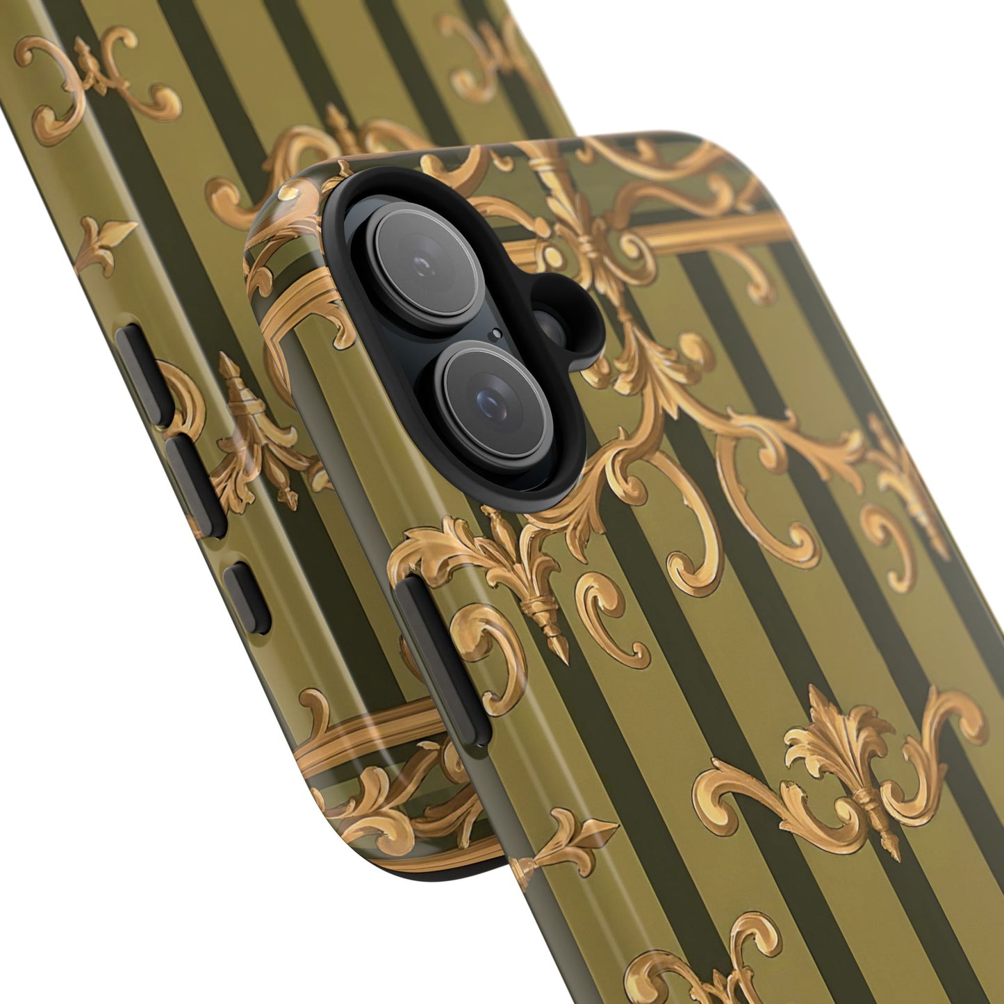 Elegant Vintage Phone Case - Tough Protection with Classy Design, Stylish Phone Cover for Fashion Lovers - Olive Green Striped Rococo
