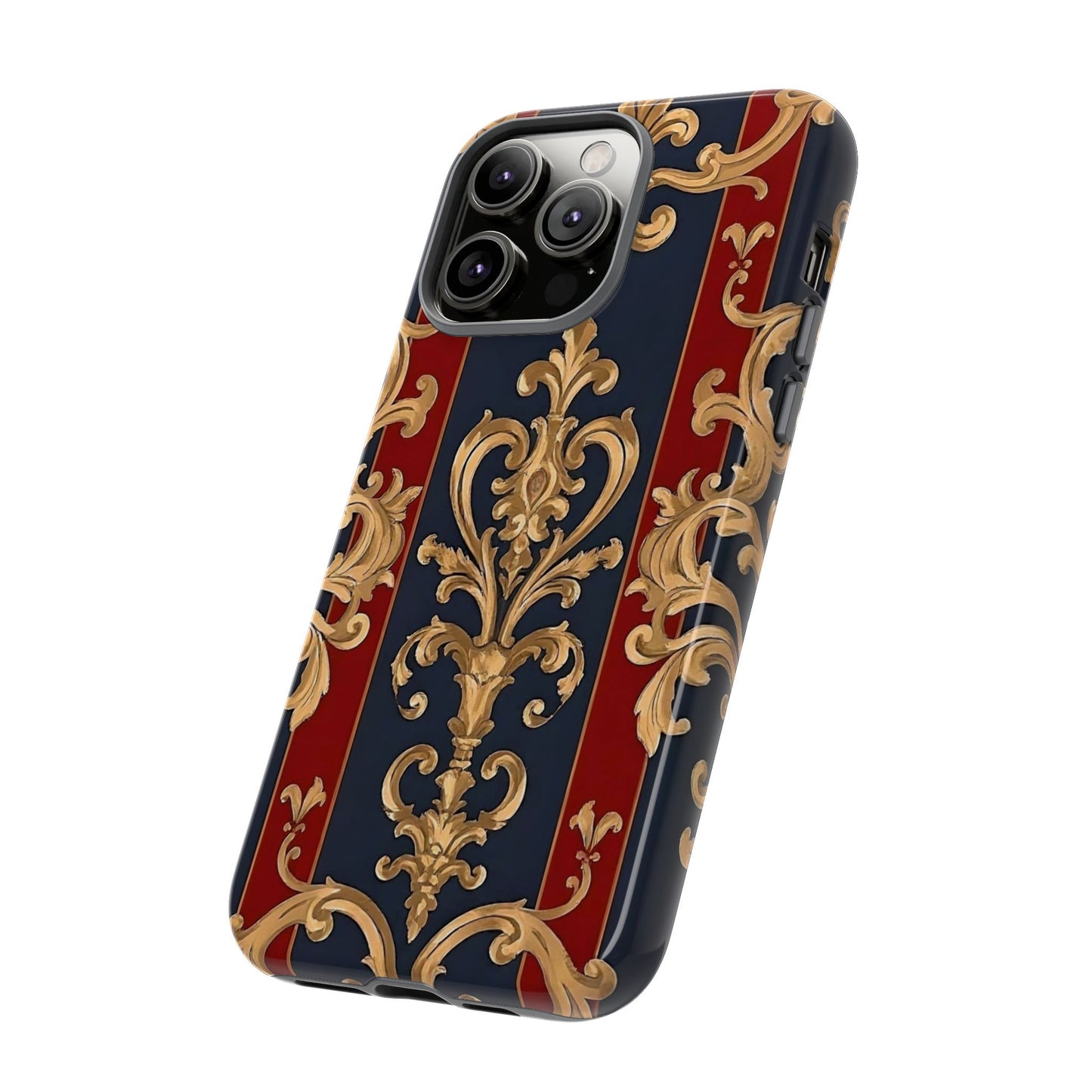 Elegant Floral Motif Phone Case - Tough Cases with Vintage Design - Midnight Blue & Dusk Red Striped Gold Damask