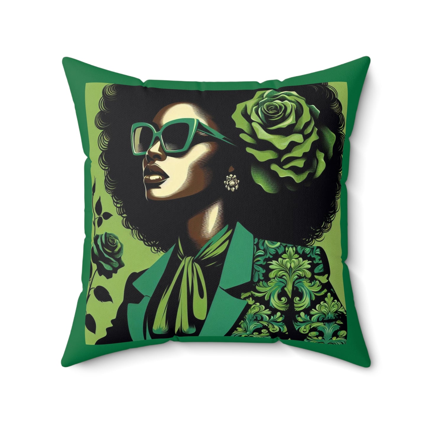 Chic Afrocentric Throw Pillow, Home Decor, Damask Decor, Gift for Her, Afro Art Pillow, Living Room Accent - Lady in Green Damask
