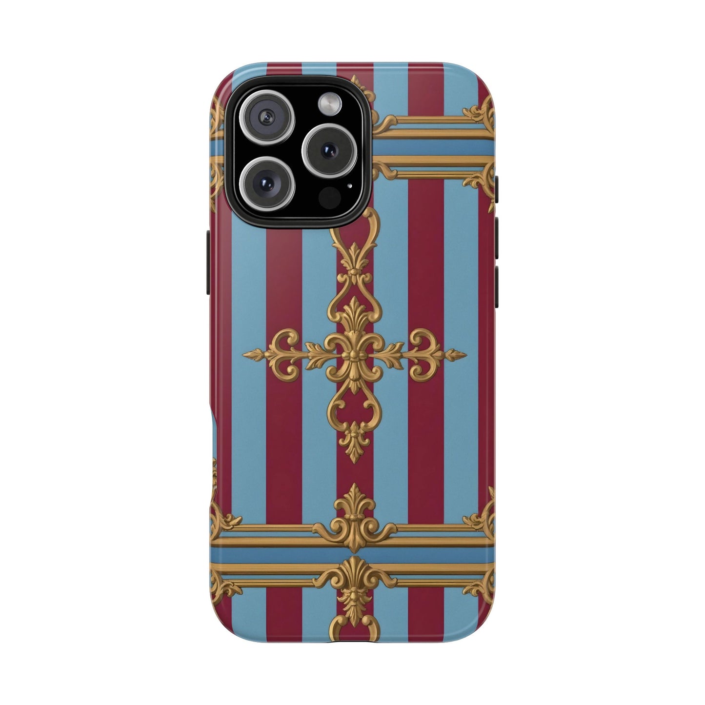 Elegant Patterned Tough Phone Cases, Stylish Phone Cover, Durable Phone Protection, Unique Gift Idea - Sky Blue & Maroon Striped Baroque