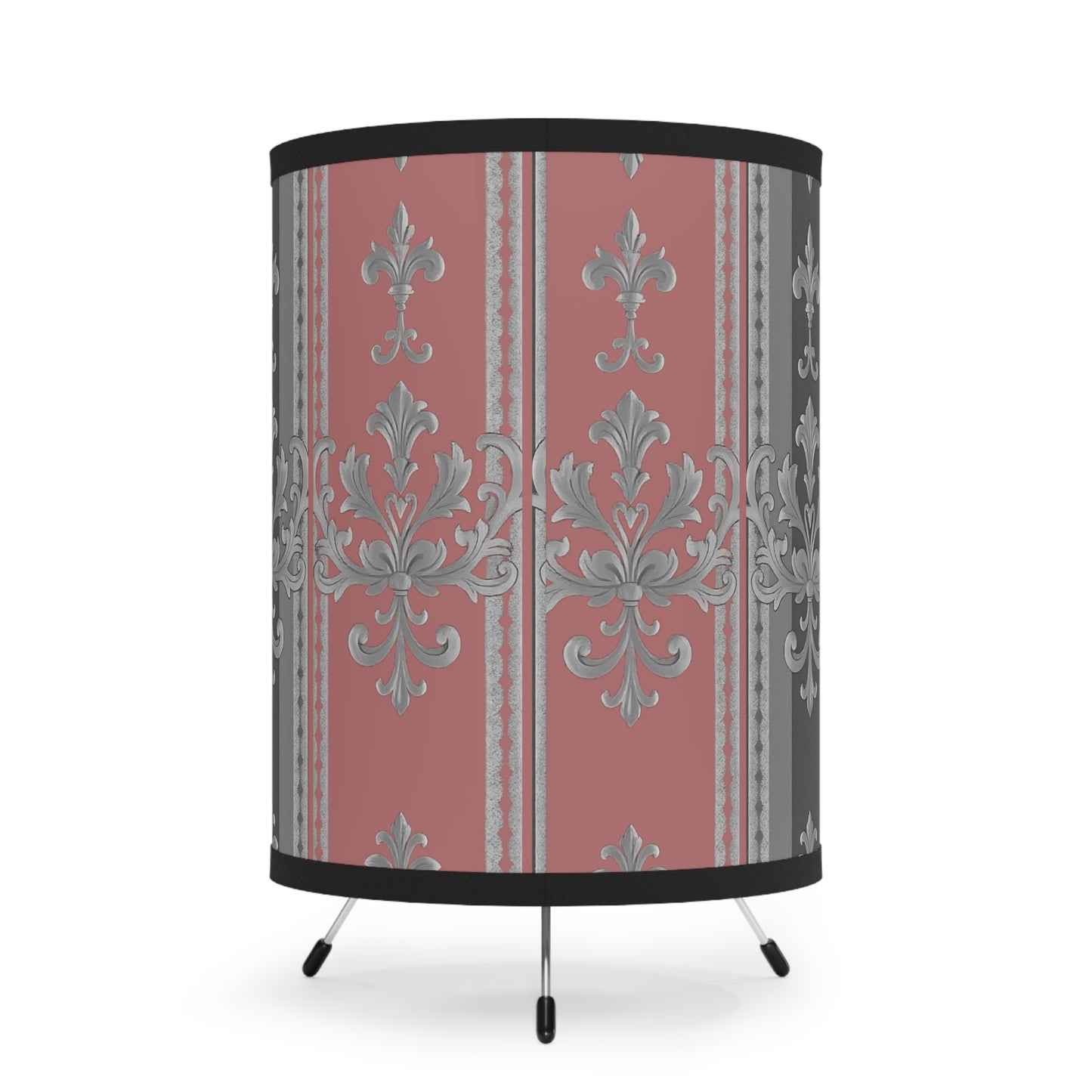 Elegant Tripod Lamp with Vintage Floral High-Res Shade - Gray & Mauve Striped Baroque