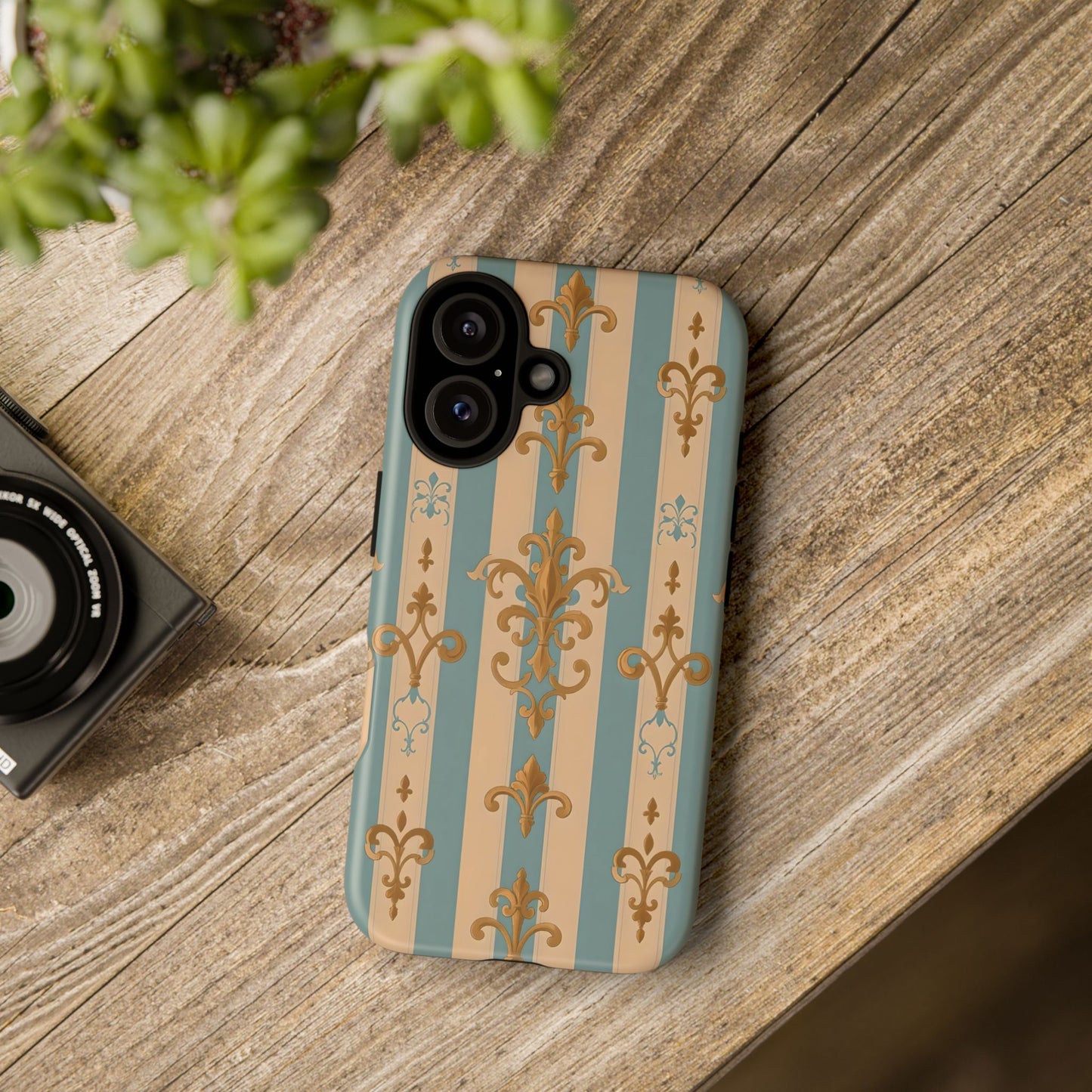 Elegant Floral Motif Phone Case - Tough Cases with Vintage Design -  Beige & Sky Blue Striped Gold Damask